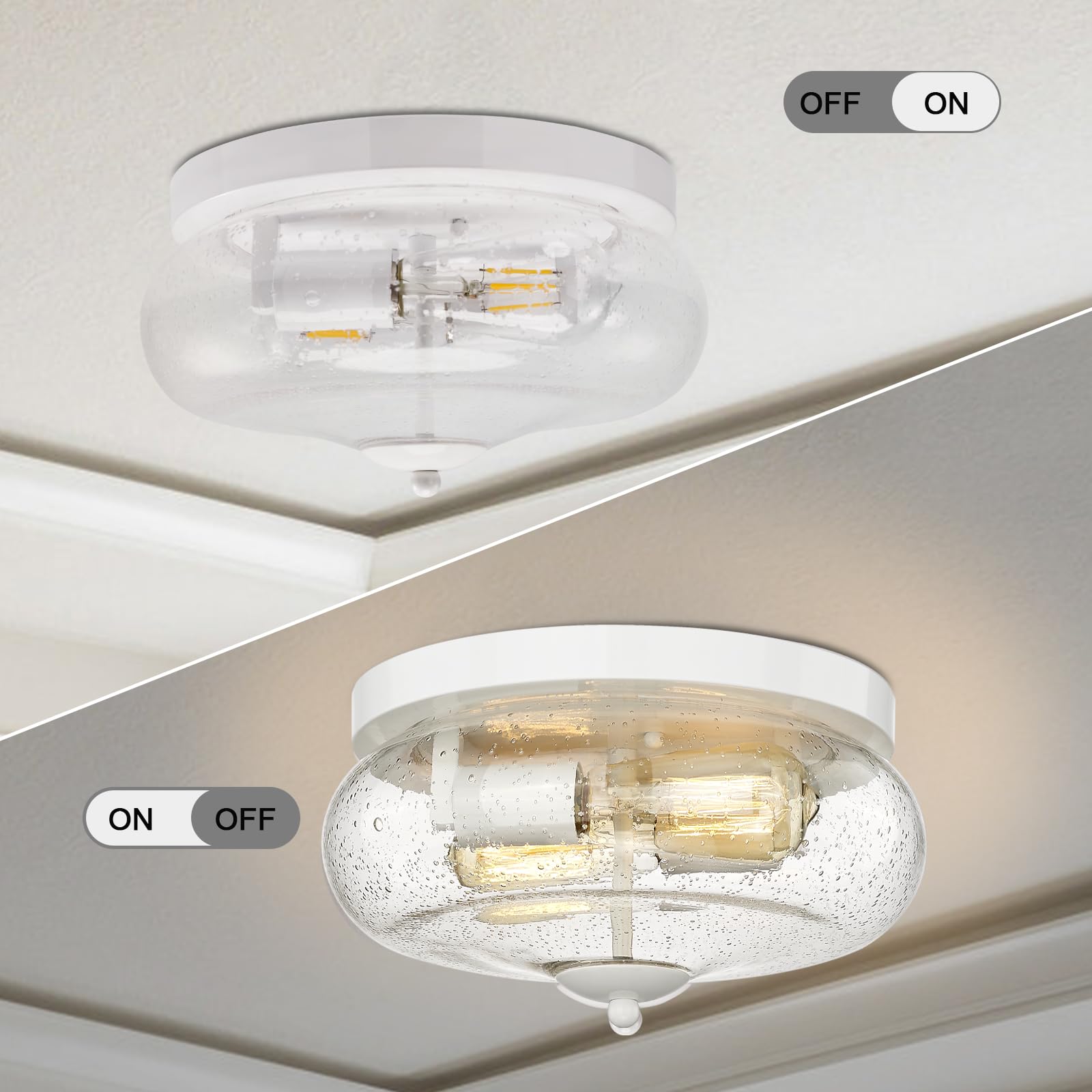 Darkaway Ceiling Light Fixture - Flush Mount Indoor/Outdoor - Seeded Glass Shade - 11 inch - White - Model 6T1F