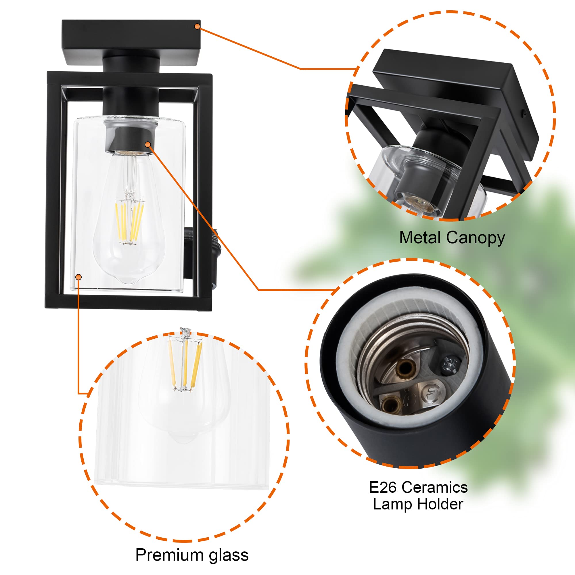 Mayful Flush Mount Ceiling Light Fixture With Clear Glass Shade, Farmhouse Black Metal Frame Light Fixture For Kitchen Island En