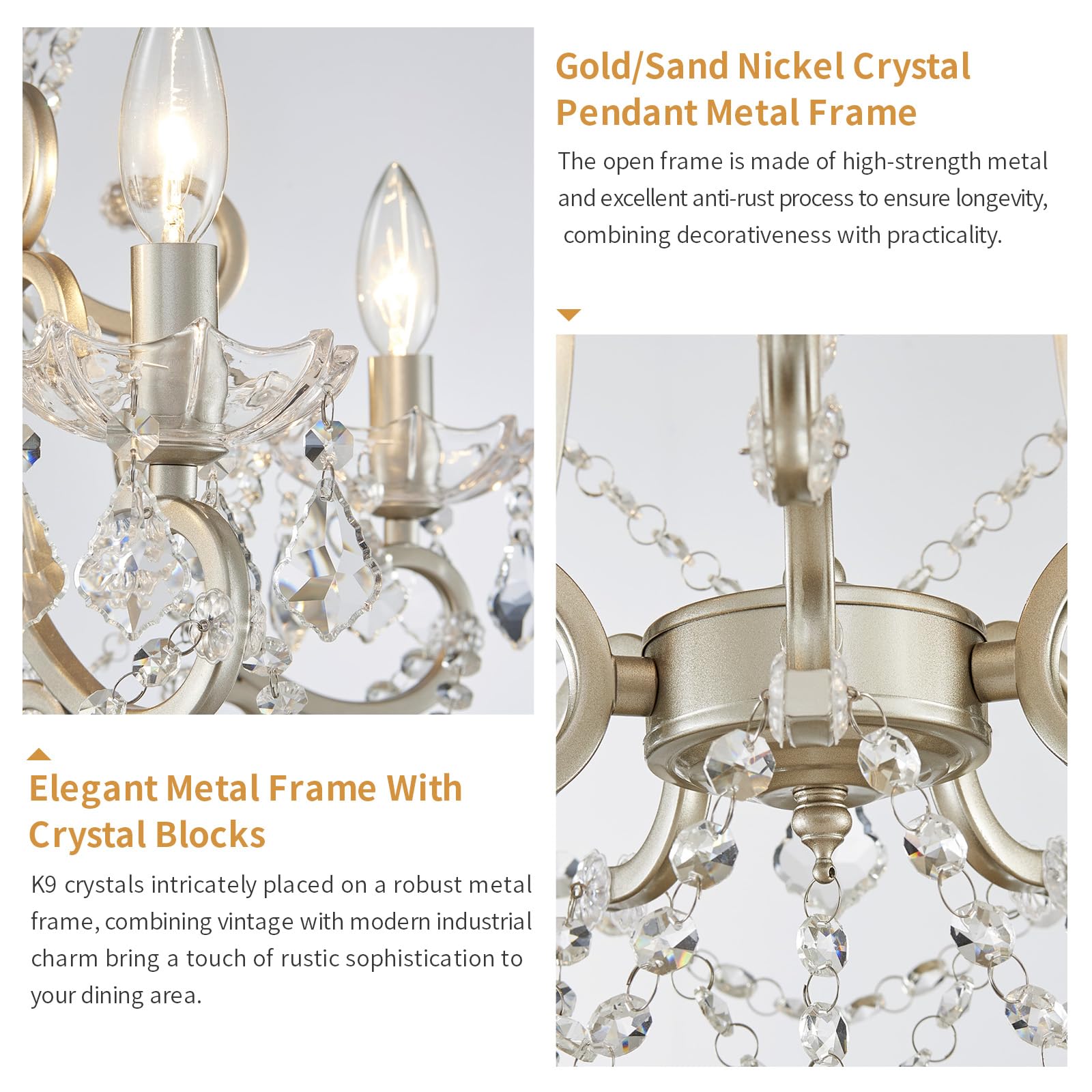 Crystal Chandelier, 5-Light Modern Chandelier For Dining Room Light Fixture, Nickel Finish Pendant Ceiling Light Fixture, Modern
