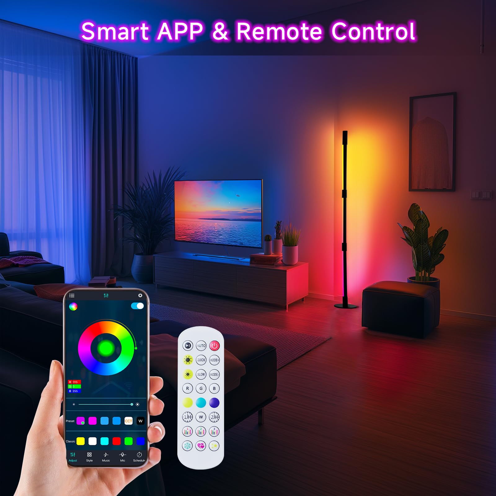 Sanben Corner Floor Lamp - 2 Pack Black Rgb Led Floor Lamp With Music Sync And 16 Million Diy Colors, App & Remote Control, Color Changing Modern Smart Corner Lamp For Bedroom Living Room