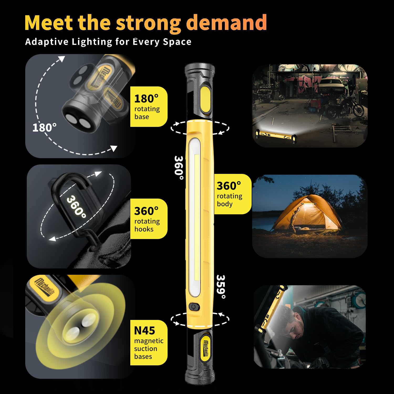 MechaniLite Hoodlight-ML001Y Under Hood Work Light Bar - 3000LM LED, Magnetic, Rechargeable, Yellow