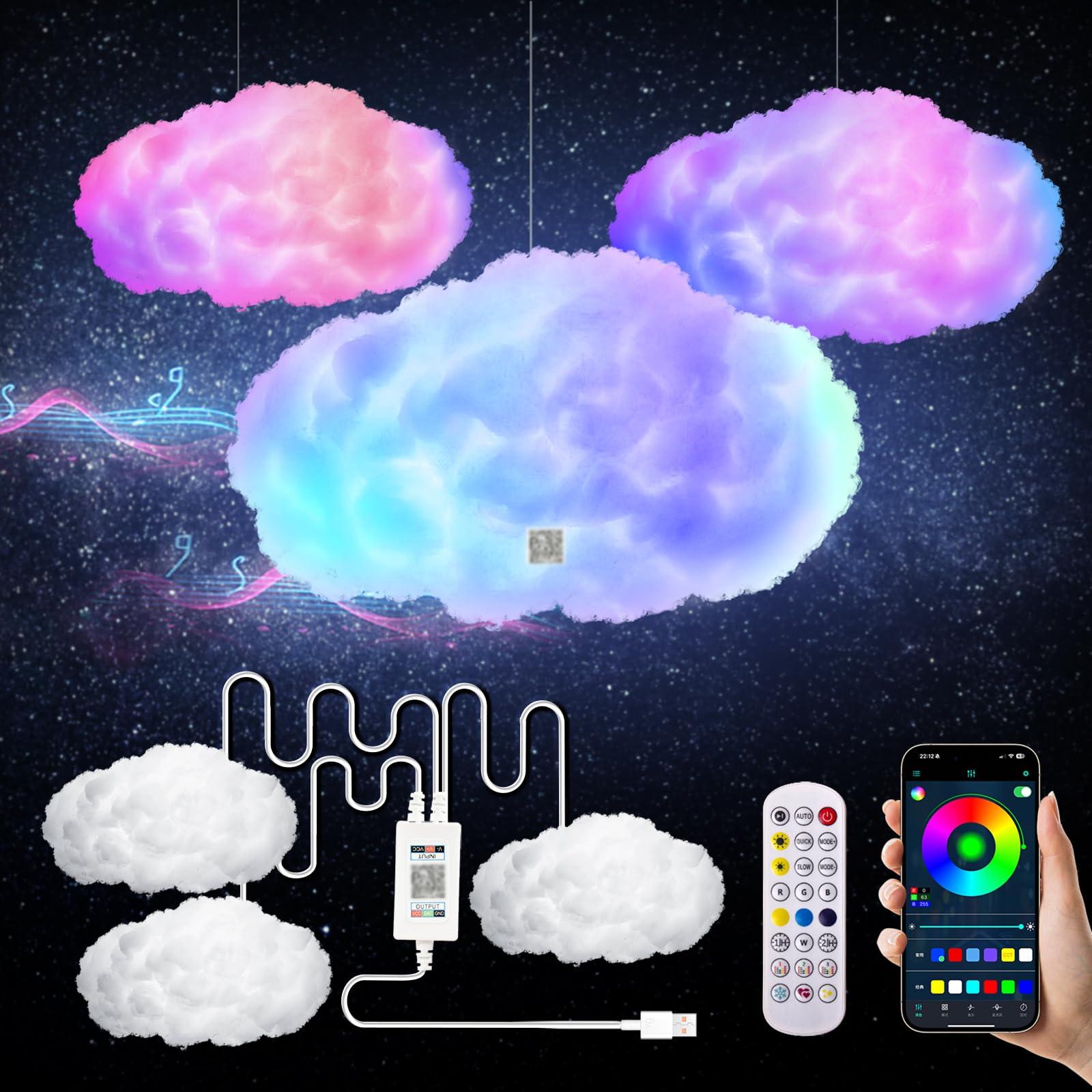3-Pack Cloud RGB Night Light Set - APP & Remote Control, Music Sync, USB Powered Mood Lamps for Bedroom, Gaming & Kids Room Deco