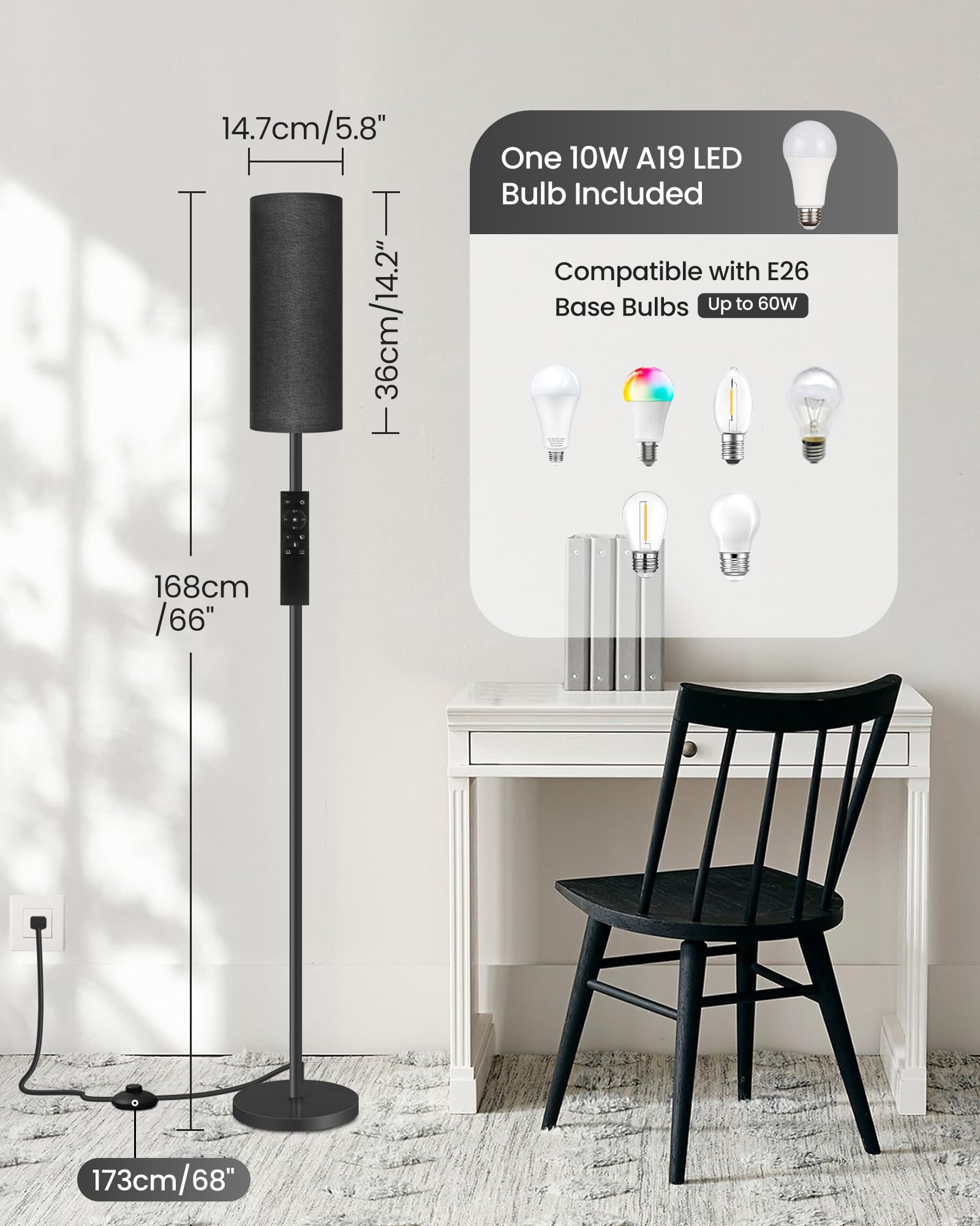 Goebleson Dimmable Floor Lamp With Remote, 66'' Tall Black Metal For Living Room & Bedroom
