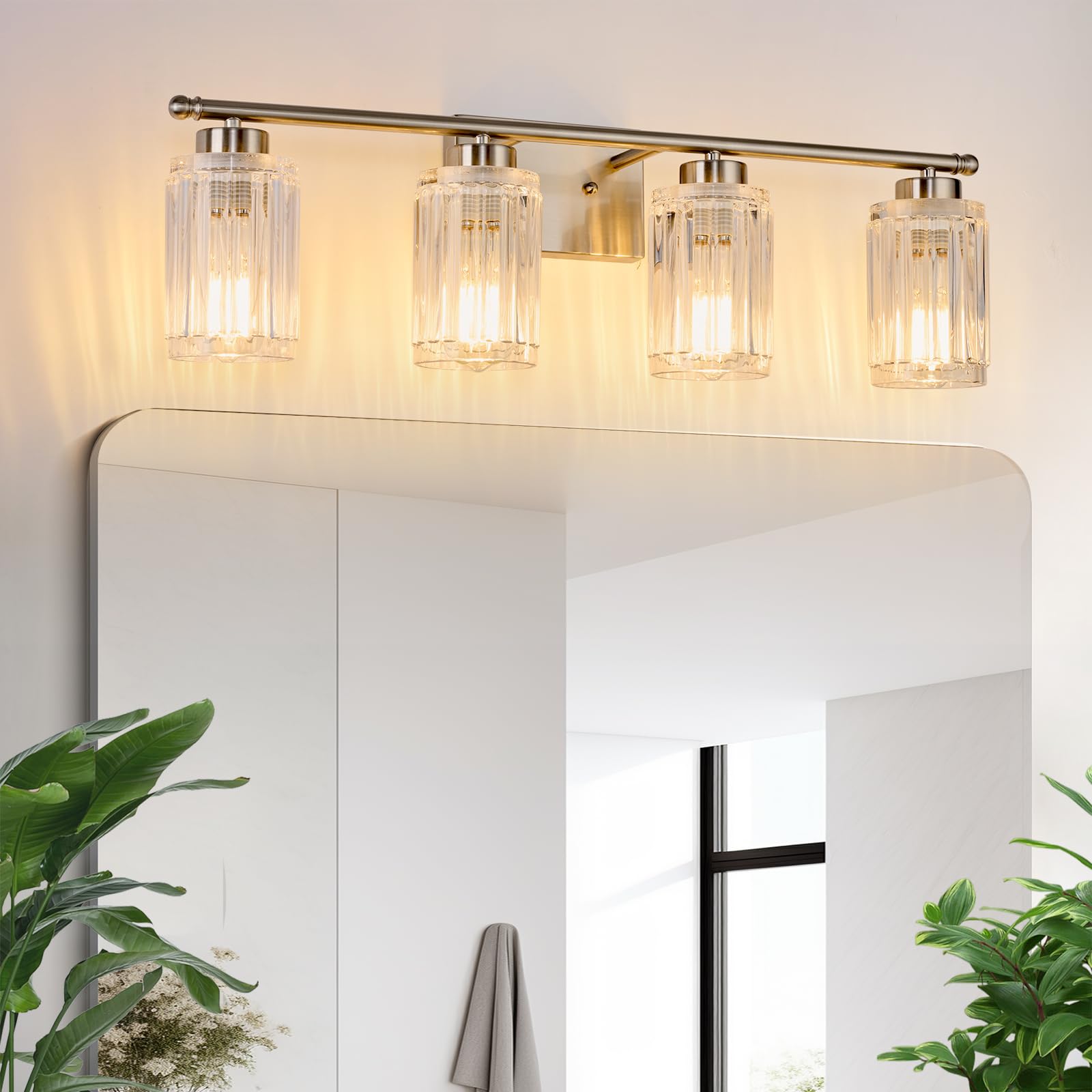 ALAISLYC 4 Light Bathroom Light Fixtures Modern Brushed Nickel 28 Inch Vanity Lights for Bathroom Lighting Fixtures Over Mirror with Thickened Glass Shade for Cabinet Mirror Bedroom Hallway