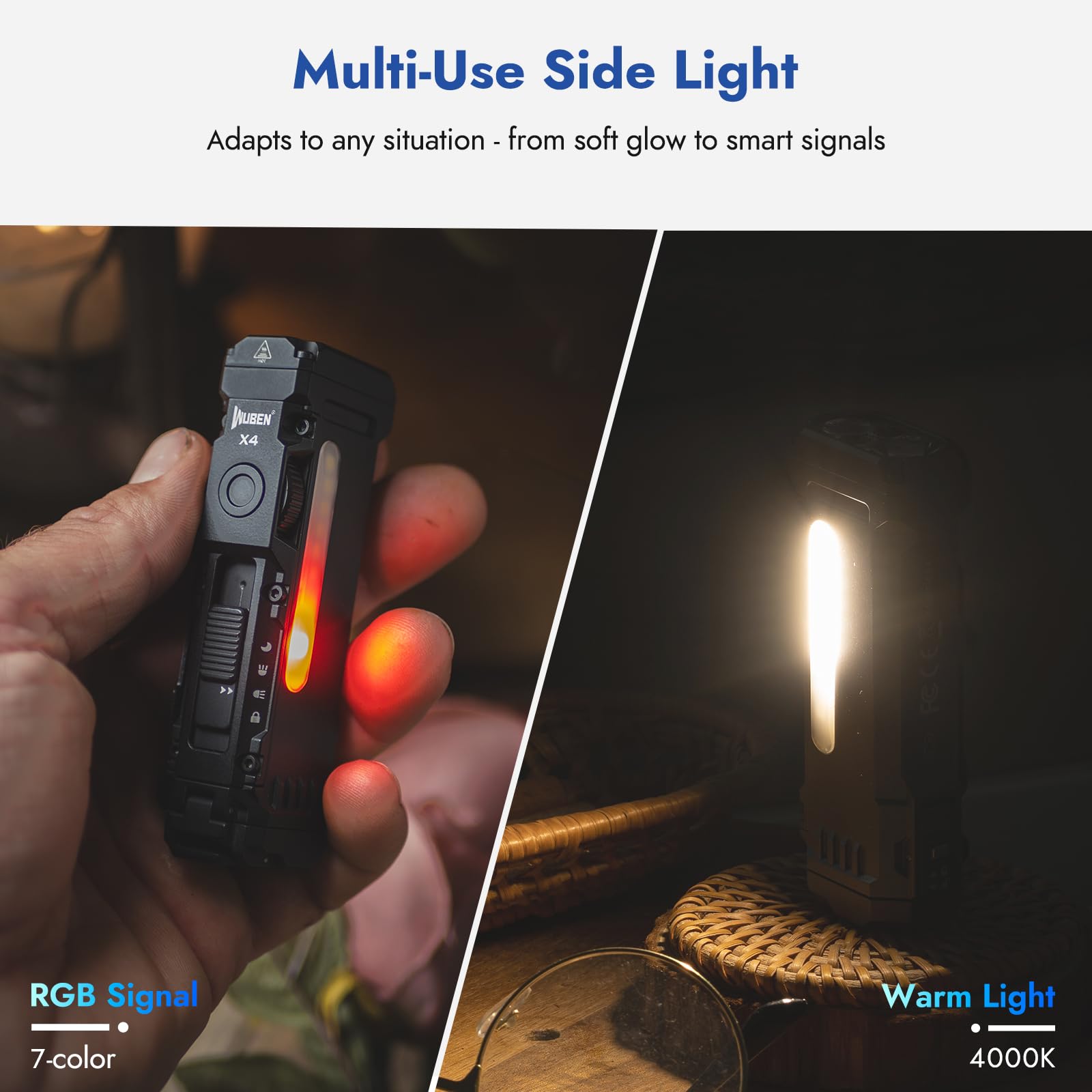 WUBEN X4 Mini EDC Flashlight - 1500 Lumens, RGB Light, Aluminum, White, USB C, IP68, Tactical Switch, Pocket Clip