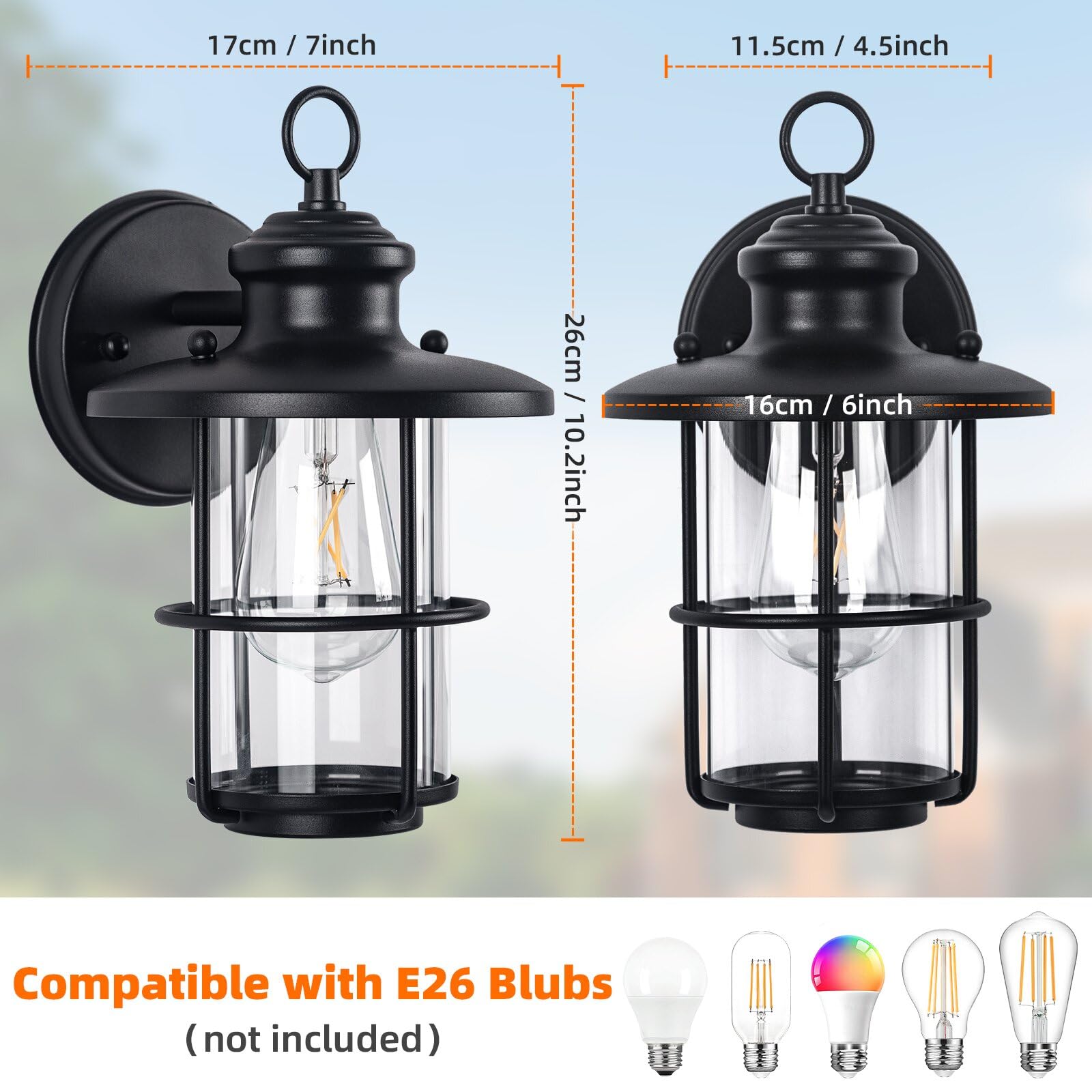 Brilvibera Outdoor Wall Sconce Light Fixture, 2 Packs, Waterproof, Black Clear Glass, Anti-Rust, E26 Base