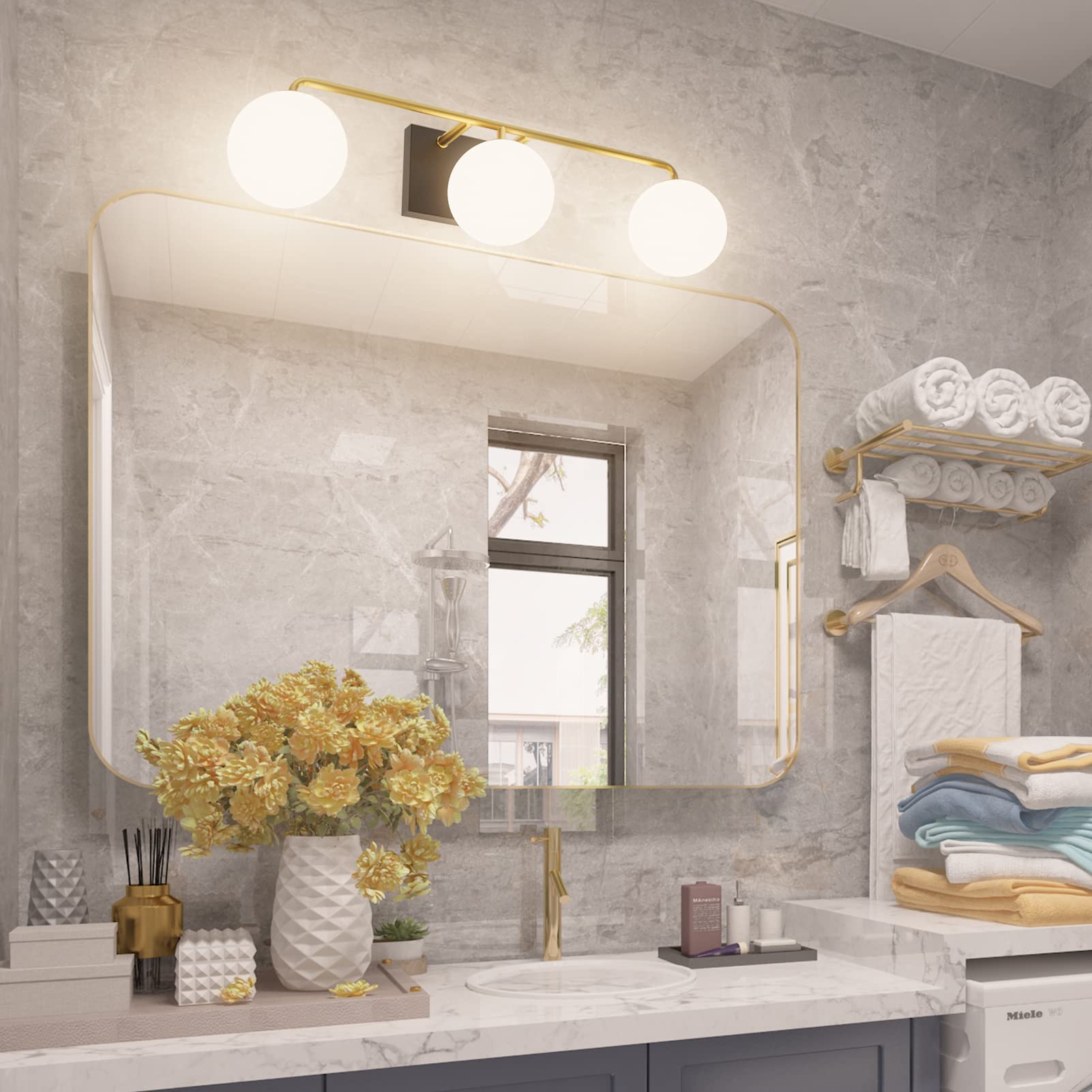 Tipace Mid Century Modern Gold 3-Lights Vanity Light Fixtures With Milky White Glass Ball Shades Industrial Vanity Lighting Over Mirror Wall Sconces For Bathroom Dressing Table Bedroom(Exclude Bulb)