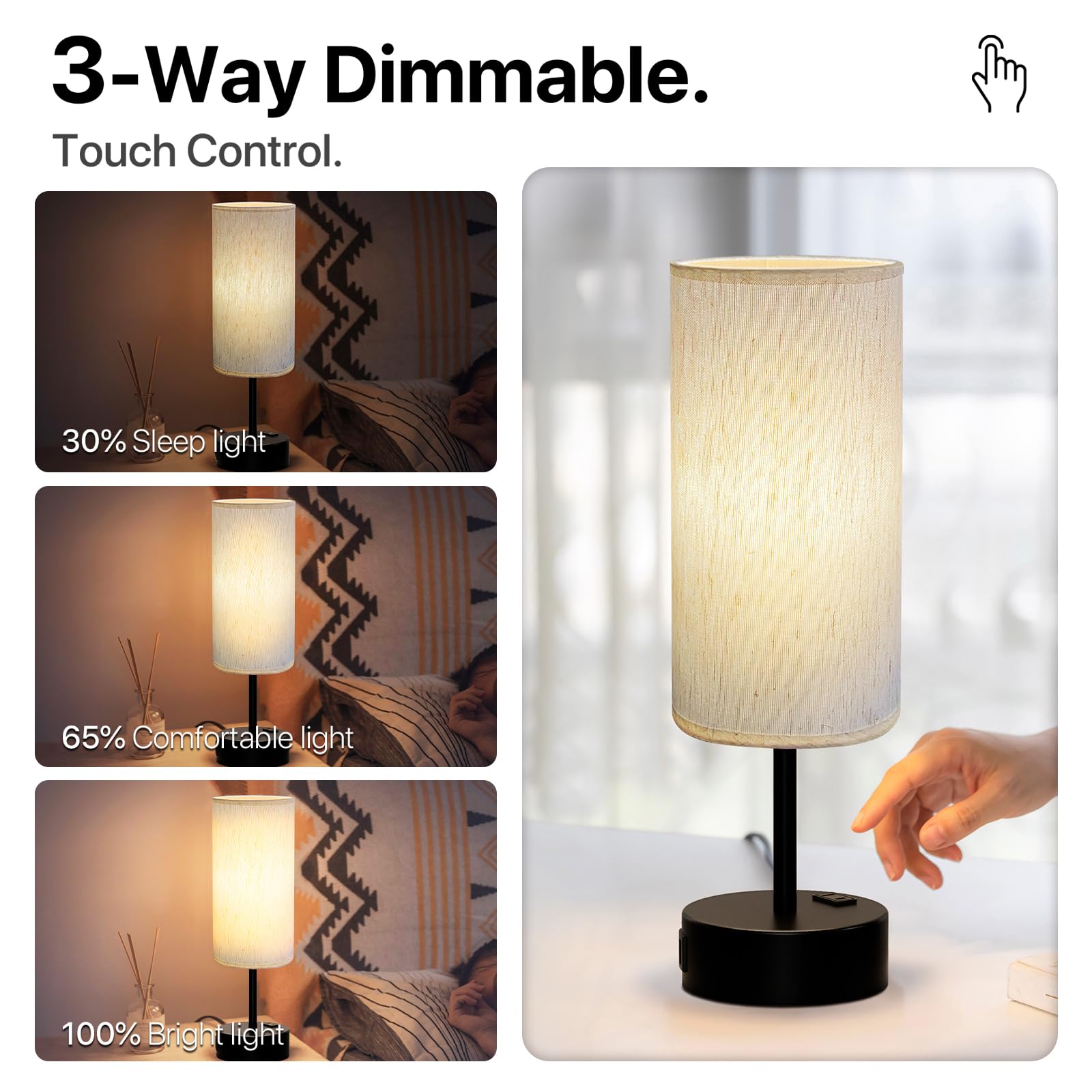KPQ Touch Control Table Lamp with USB A+C Ports, 3-Way Dimmable, 14in Small Size, Beige Shade-Black Base