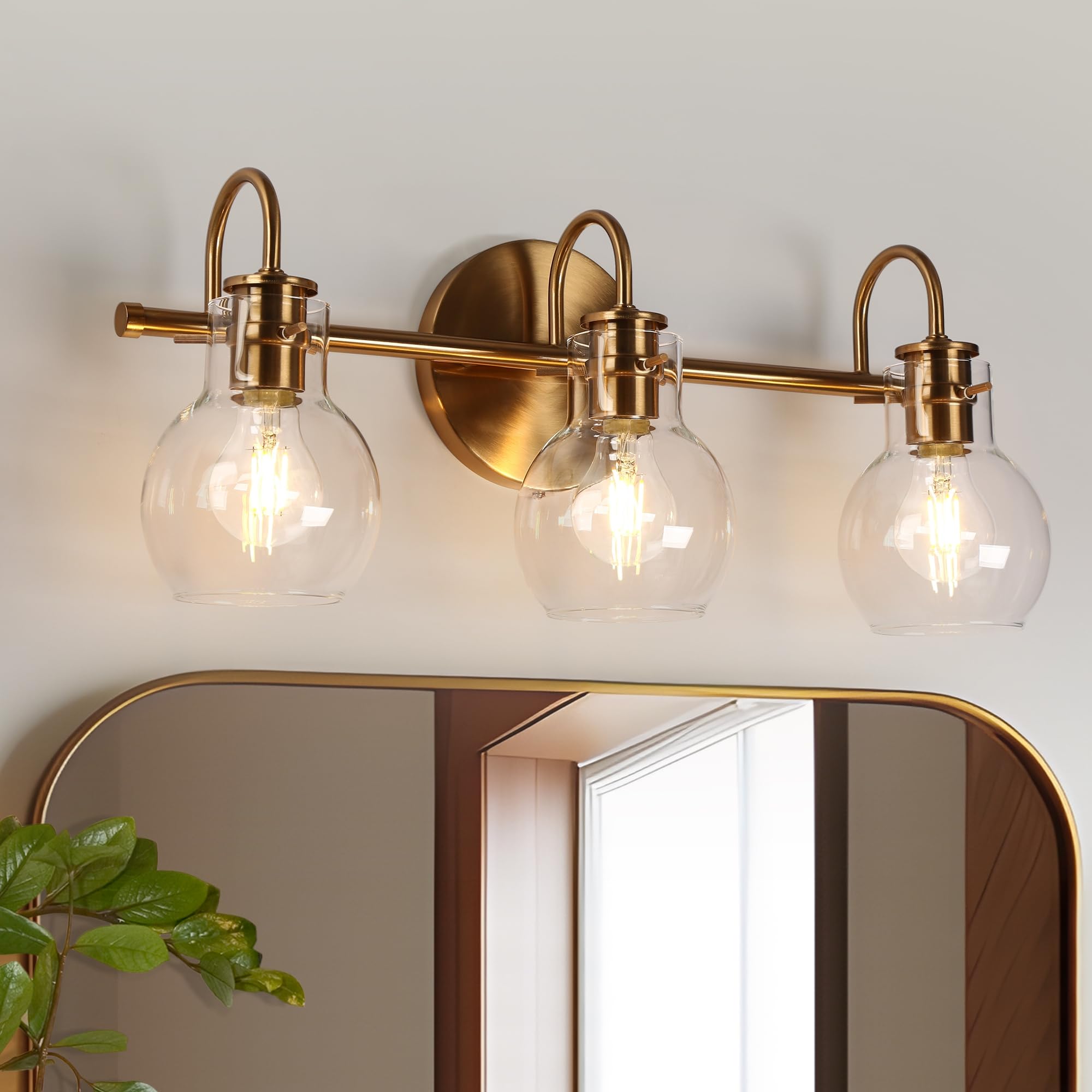 KSANA Bathroom Vanity Light, 3-Light Electroplated Copper Fixtures with Globe Clear Glass Shades