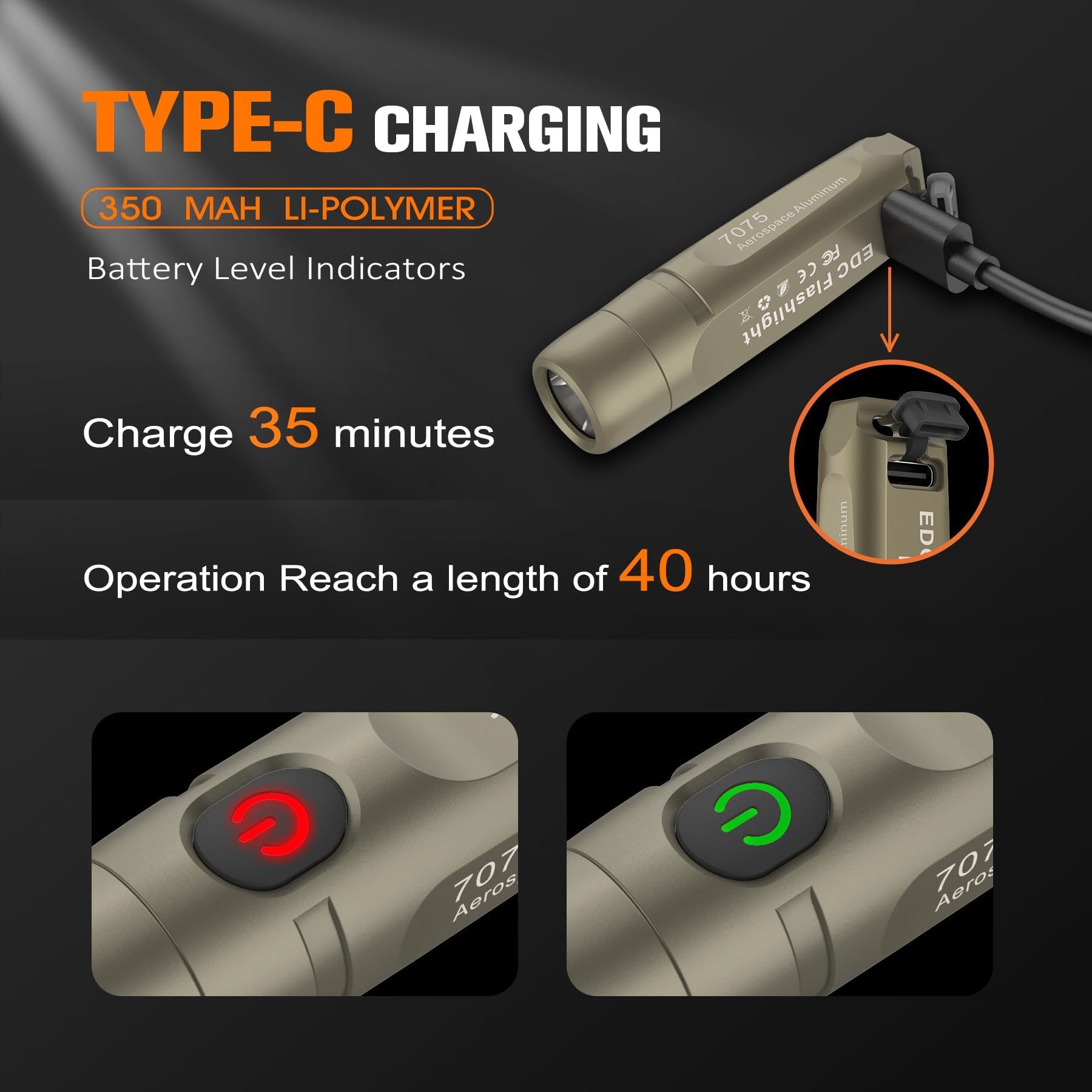 TUNENGE S15 650 Lumen Rechargeable Keychain Flashlight - Super Bright LED Mini Light for Camping & Outdoor Activities - Khaki