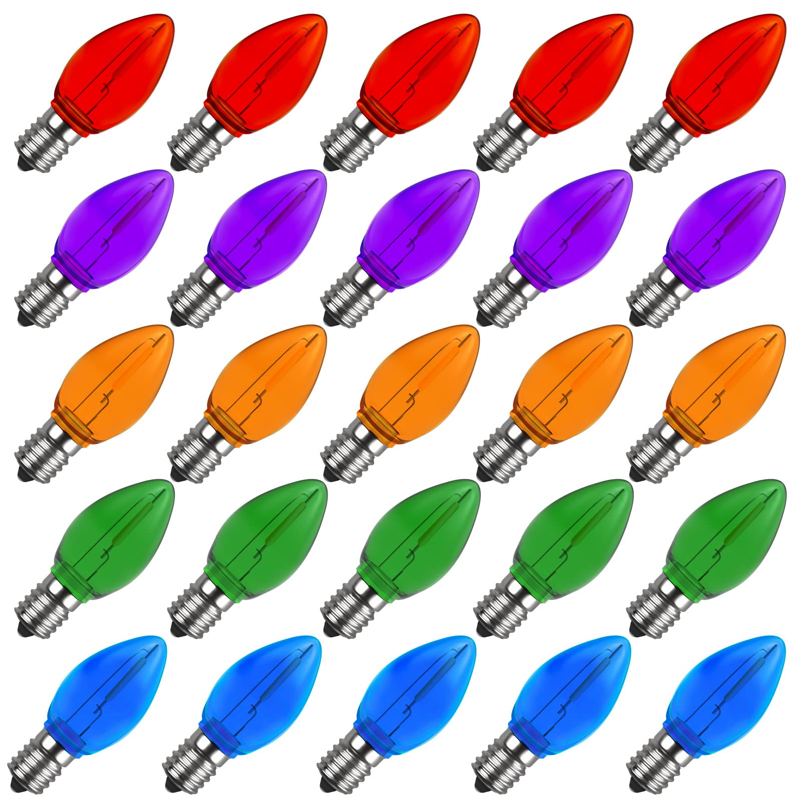 Meconard C7 Led Replacement Christmas Light Bulb, C7 Shatterproof Led Bulbs for Christmas Outdoor String Lights, E12 Candelabra Base, Commercial Grade Holiday Bulbs, Multi-Color, 25 Pack
