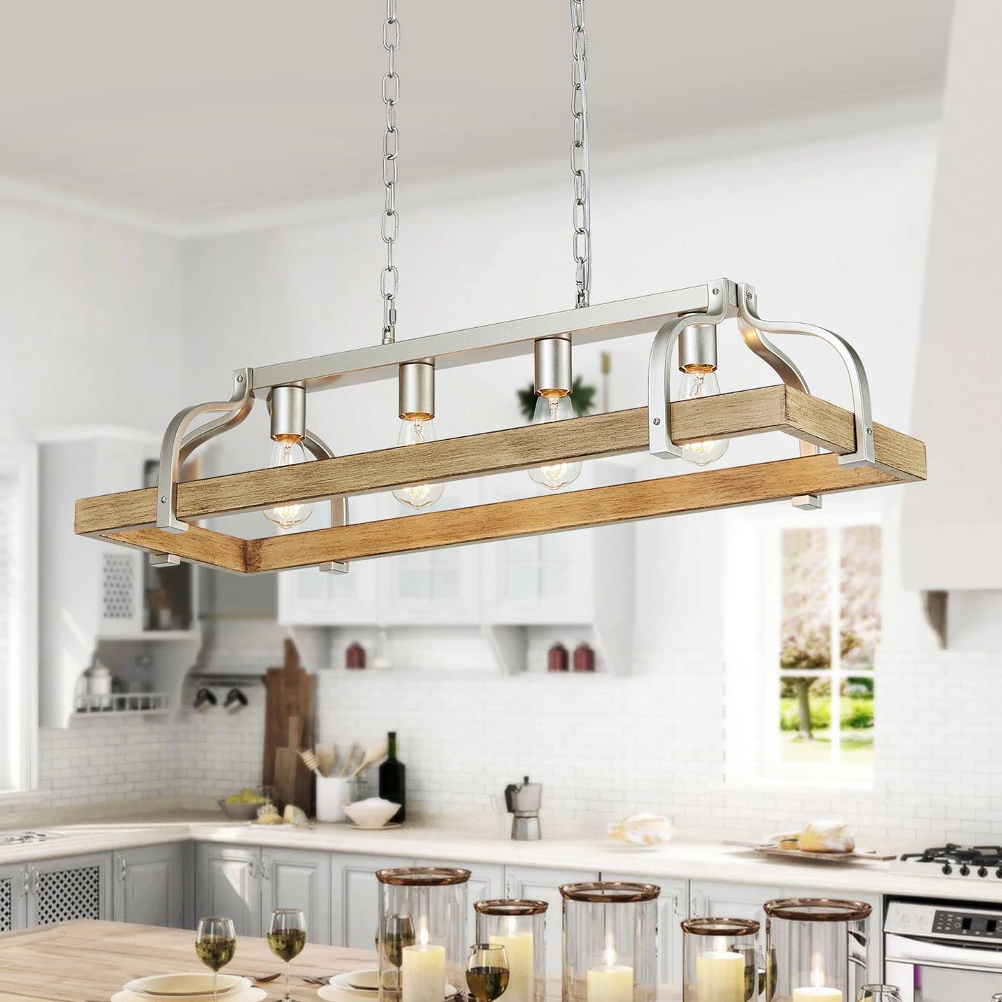 Wuzups 4-Light Metal Pot Hanging Rack Chandelier Imitation Light Wood Grain Linear Pendant Ceiling Lighting Rustic Farmhouse Fix