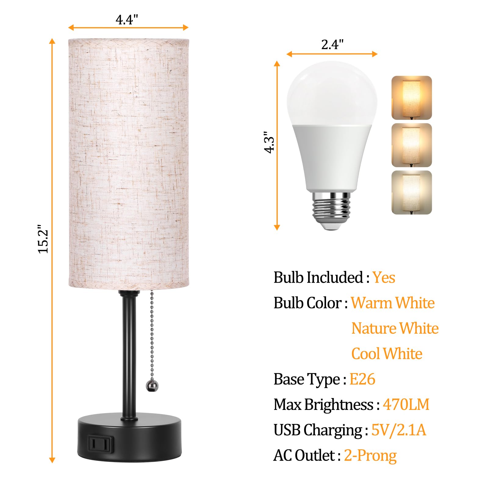 Dott Arts 15'' Table Lamp For Bedroom, 3-Color Bedside Lamps With Pull Chain, Bedroom Table Lamps For Nightstand,Ac Outlet Small