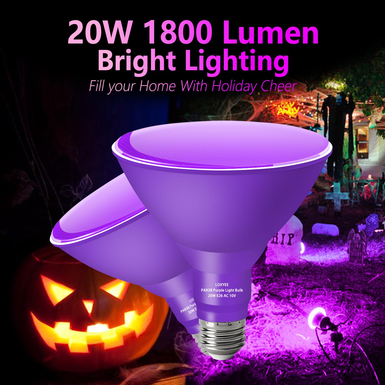 LOXYEE PAR38 Purple Flood Light Bulb, 2 Pack Dimmable, E26 Base, Outdoor Decor, 20W Replace to 200W