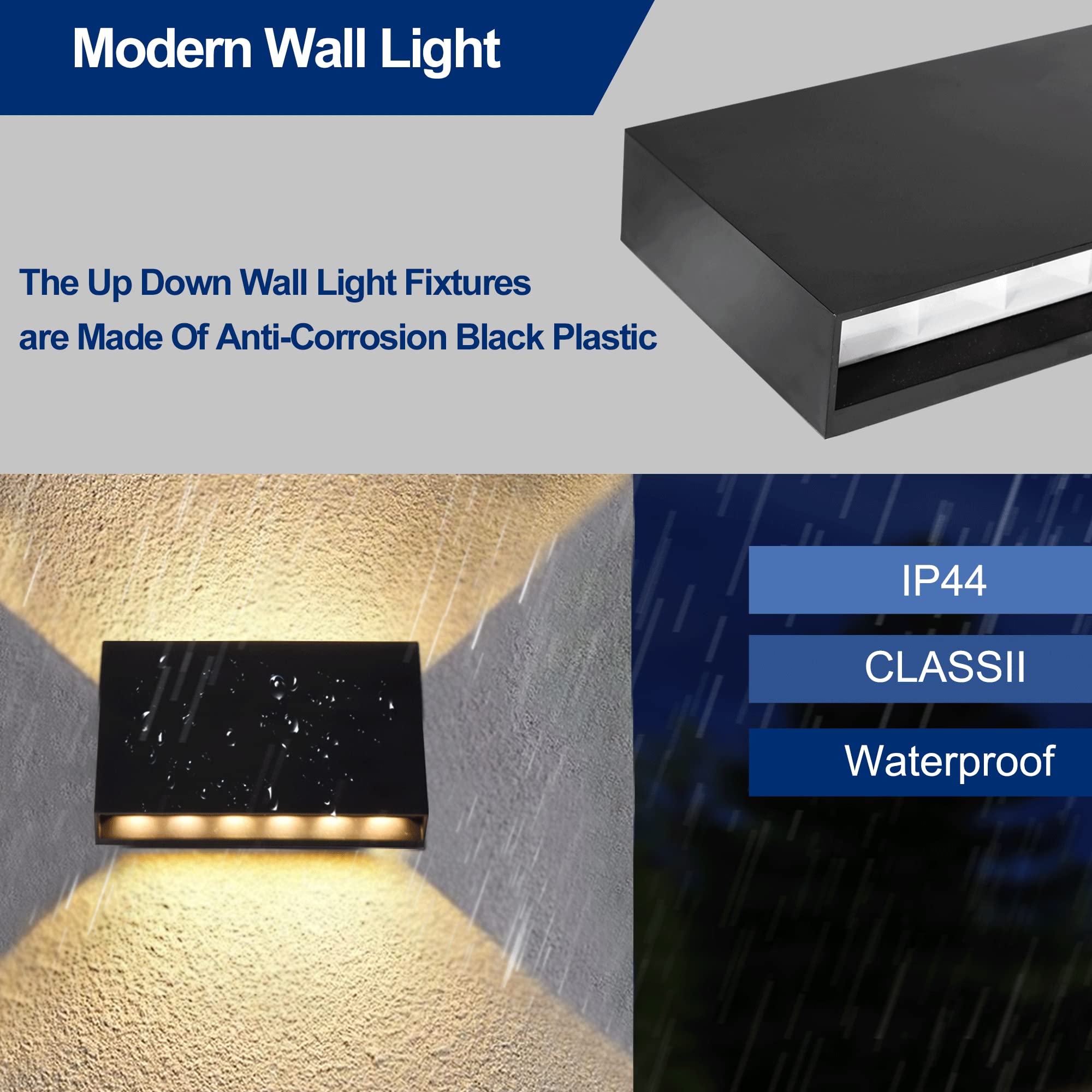 FUDESY LED Wall Sconce, Modern Indoor Outdoor Light Fixture, 3000K Warm White, Black Plastic, 2-Pack