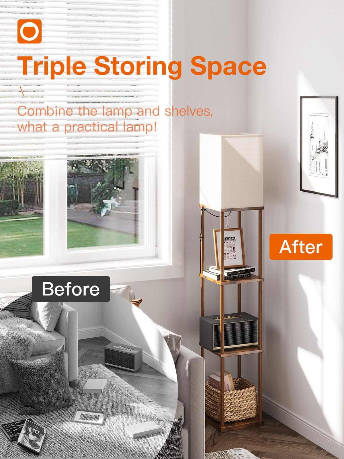 addlon LED Modern Shelf Floor Lamp with White Shade, 64Inch, Vintage, 4 Tier, Wood, Model 052