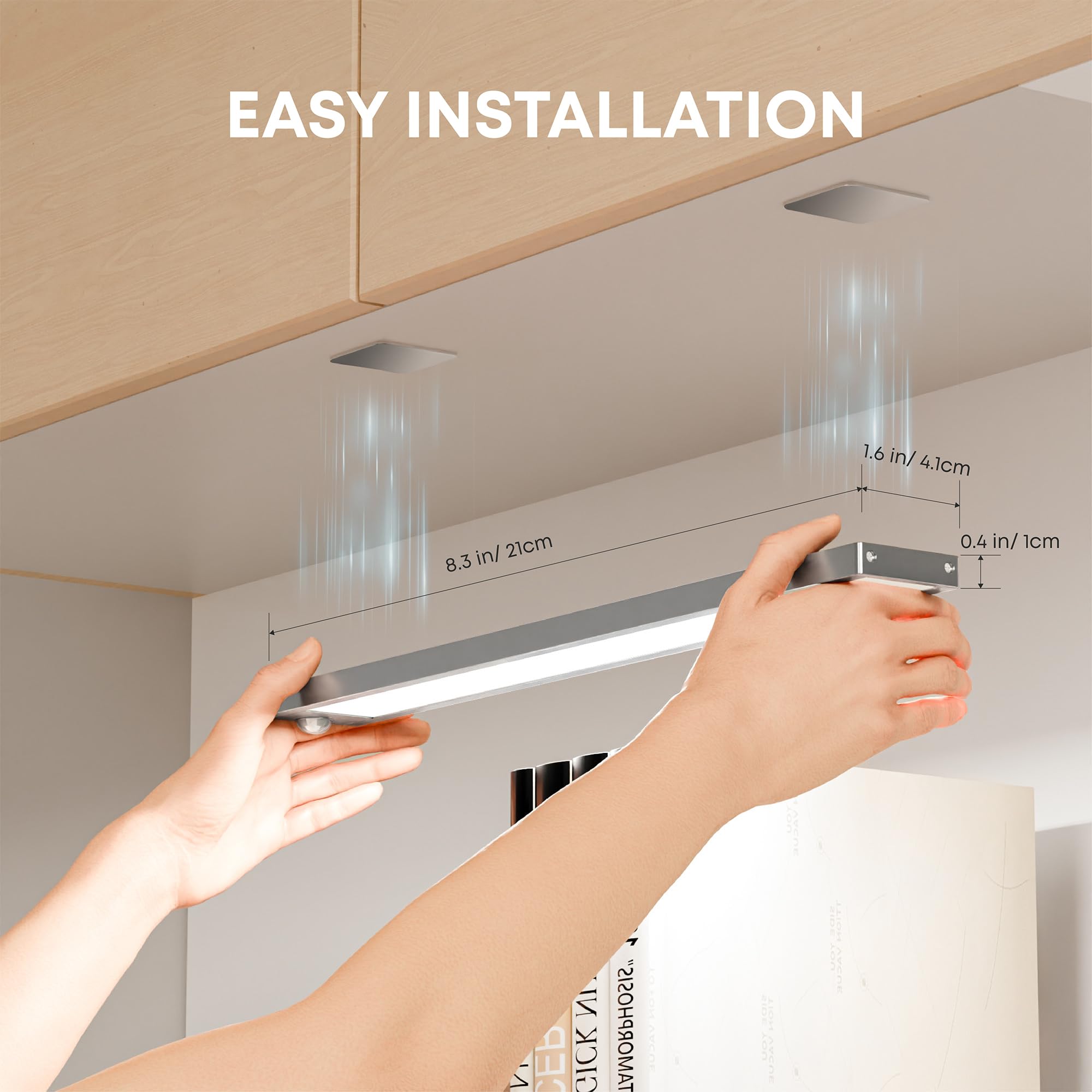 LROLTEF Under Cabinet Lights, 2 Pack Wireless Magnetic Dimmable 32 LED Motion Sensor, USB Rechargeable, Silver, 8.3 Inch for Kitchen & Stairs