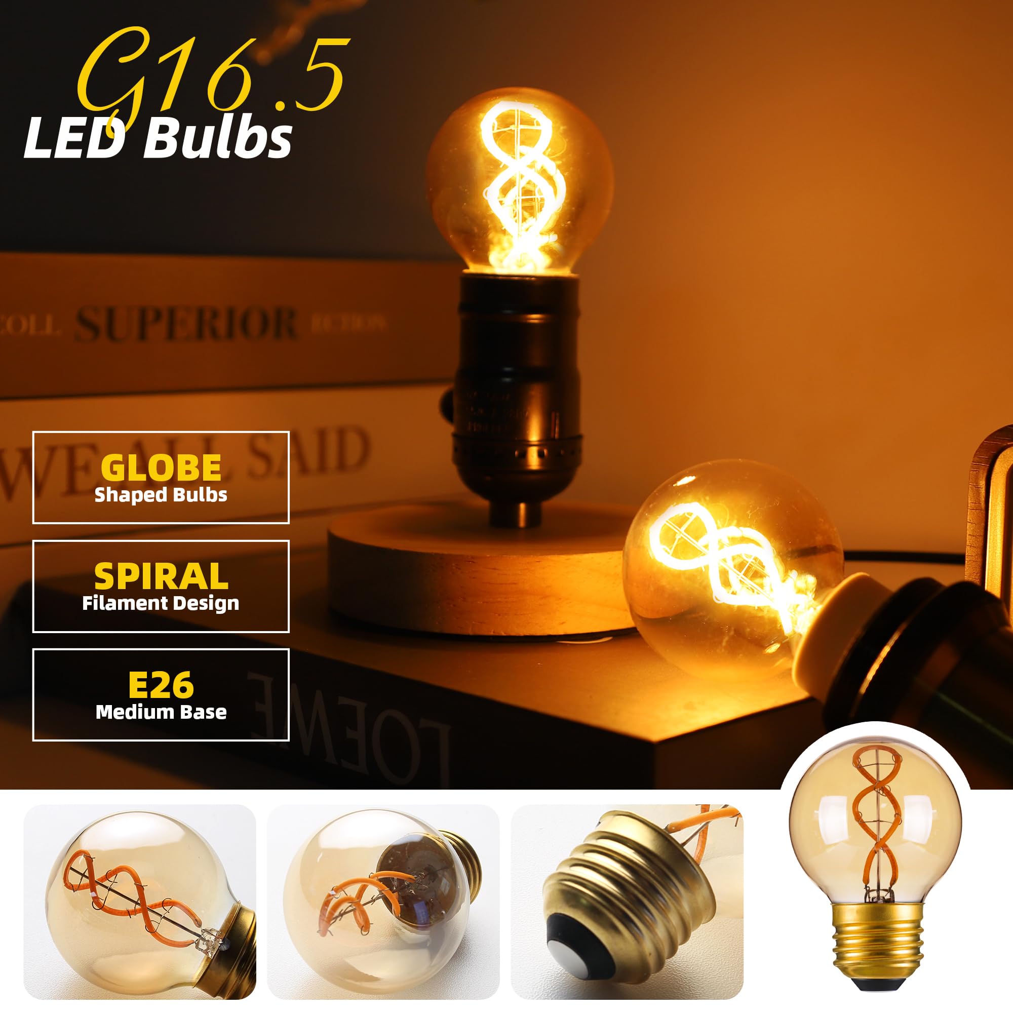 Genixgreen Dimmable E26 Amber Led Bulb Small Edison Light Bulb 25 Watt Equal 3W,G16.5/G50 Antique Globe Spiral Filament Bulb For