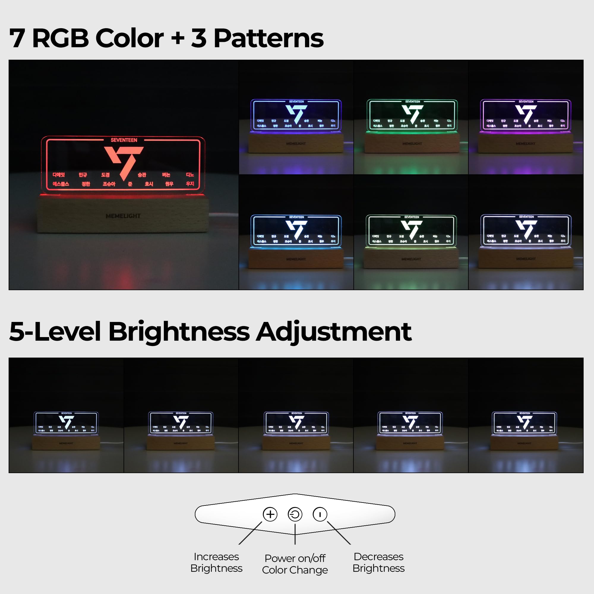 MEMELIGHT Seventeen Night Light, Kpop Lamp, 7 RGB Colors, Dimmer, Wood, 8.3 x 4.2 x 1.7 inches, Multicolor,