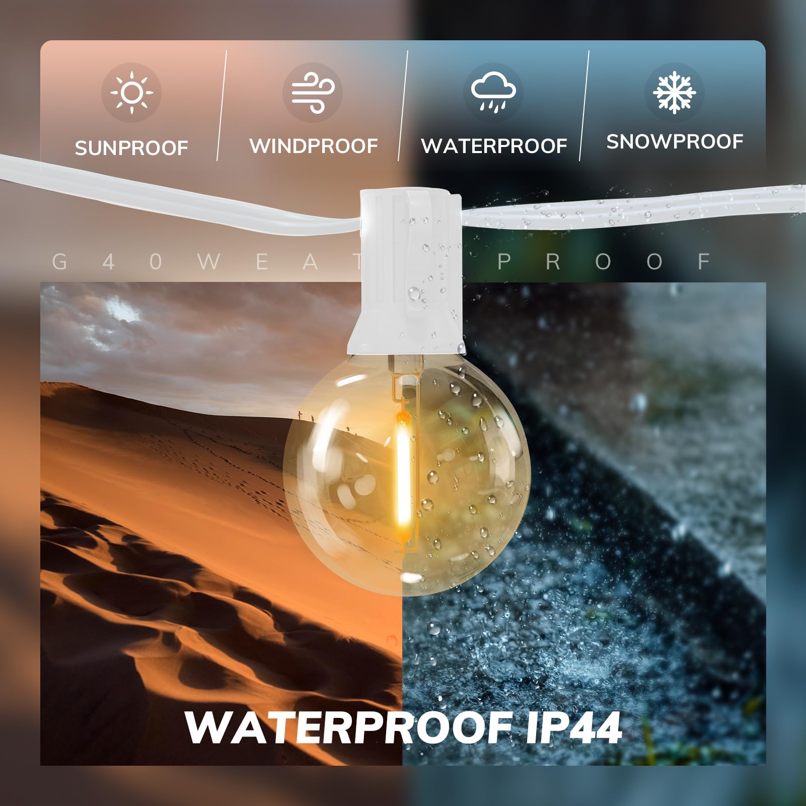 Achin Outdoor String Lights White 400Ft(100Ft*4) Patio Lights Outdoor Waterproof With 212 Led Bulbs(12 Spare) Shatterproof G40 G