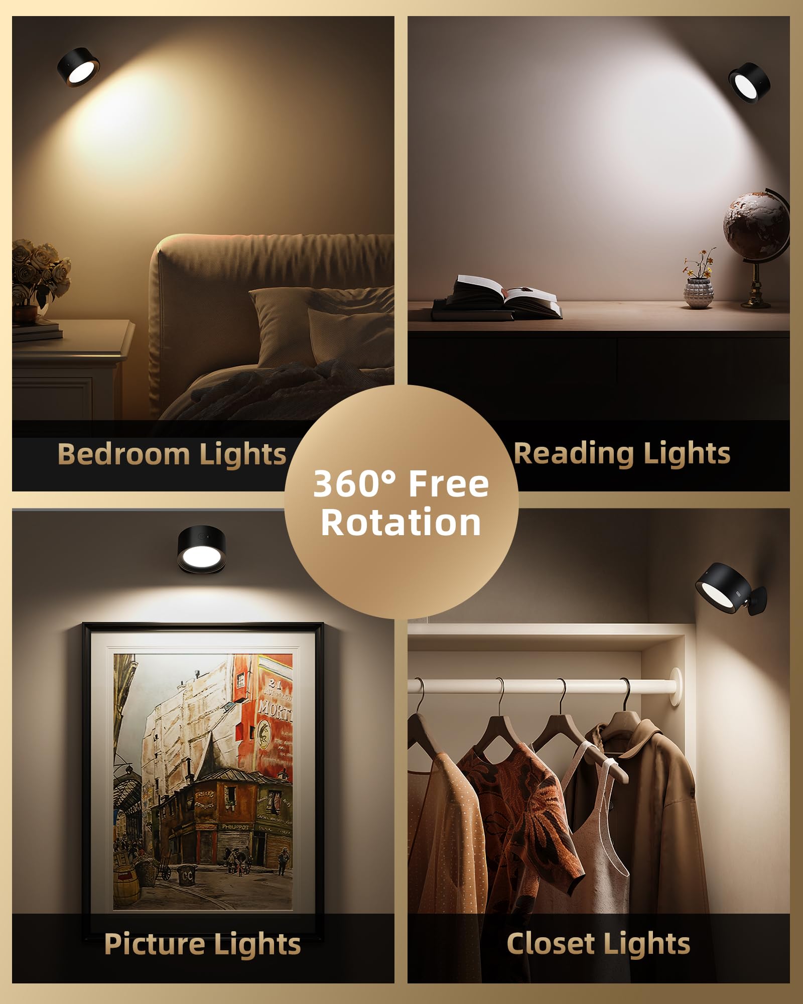 AMETHEUS LED Wall Mounted Lights, Rechargeable Sconces, 3 Color Temperatures, Dimmable, 3 Pack, Black, Model WL02