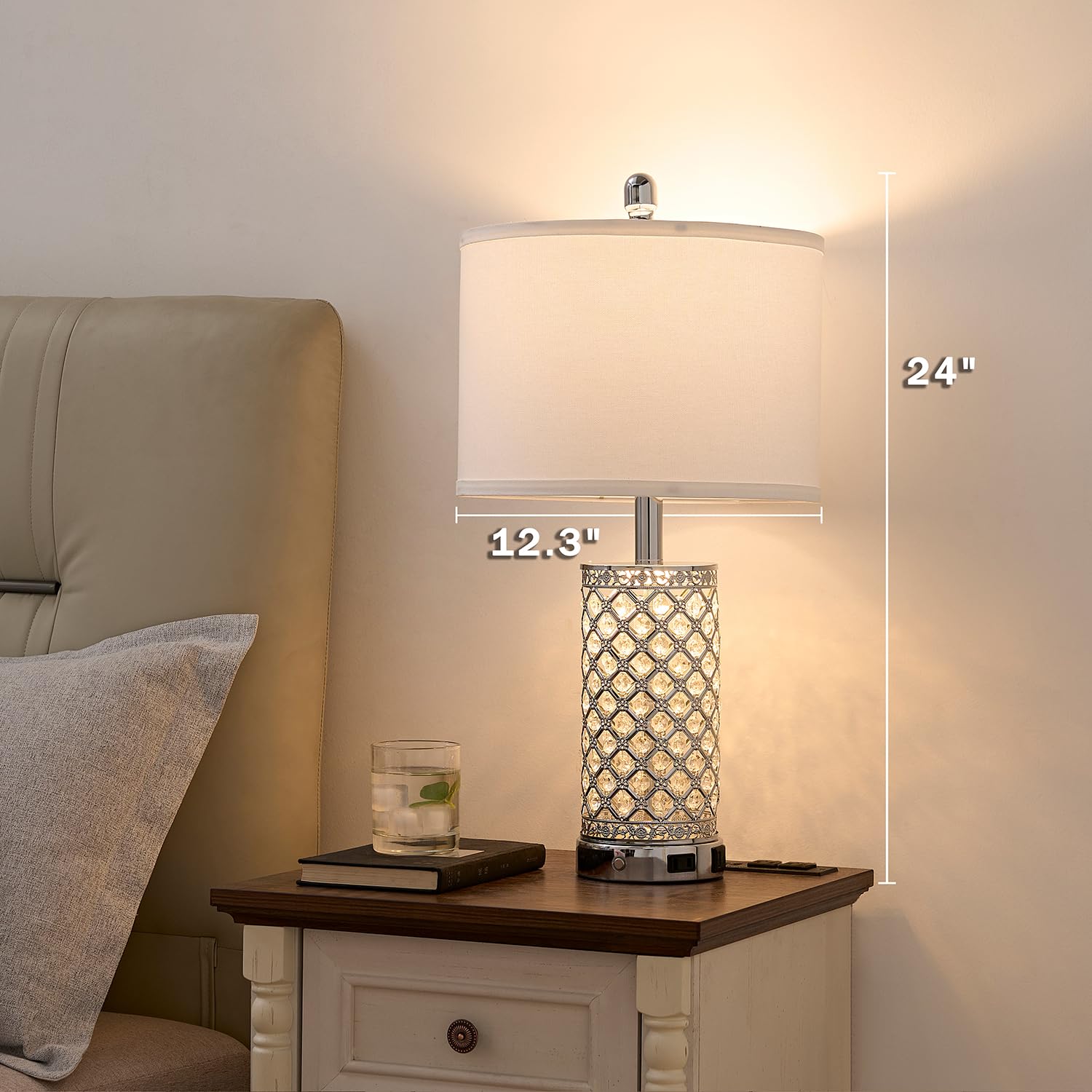 Saiweya Modern Crystal Table Lamp Set Of 2-24'' Silver Bedroom Lamps 3-Way Dimmable Touch Lamp With Night Light, 2 Usb Ports + A