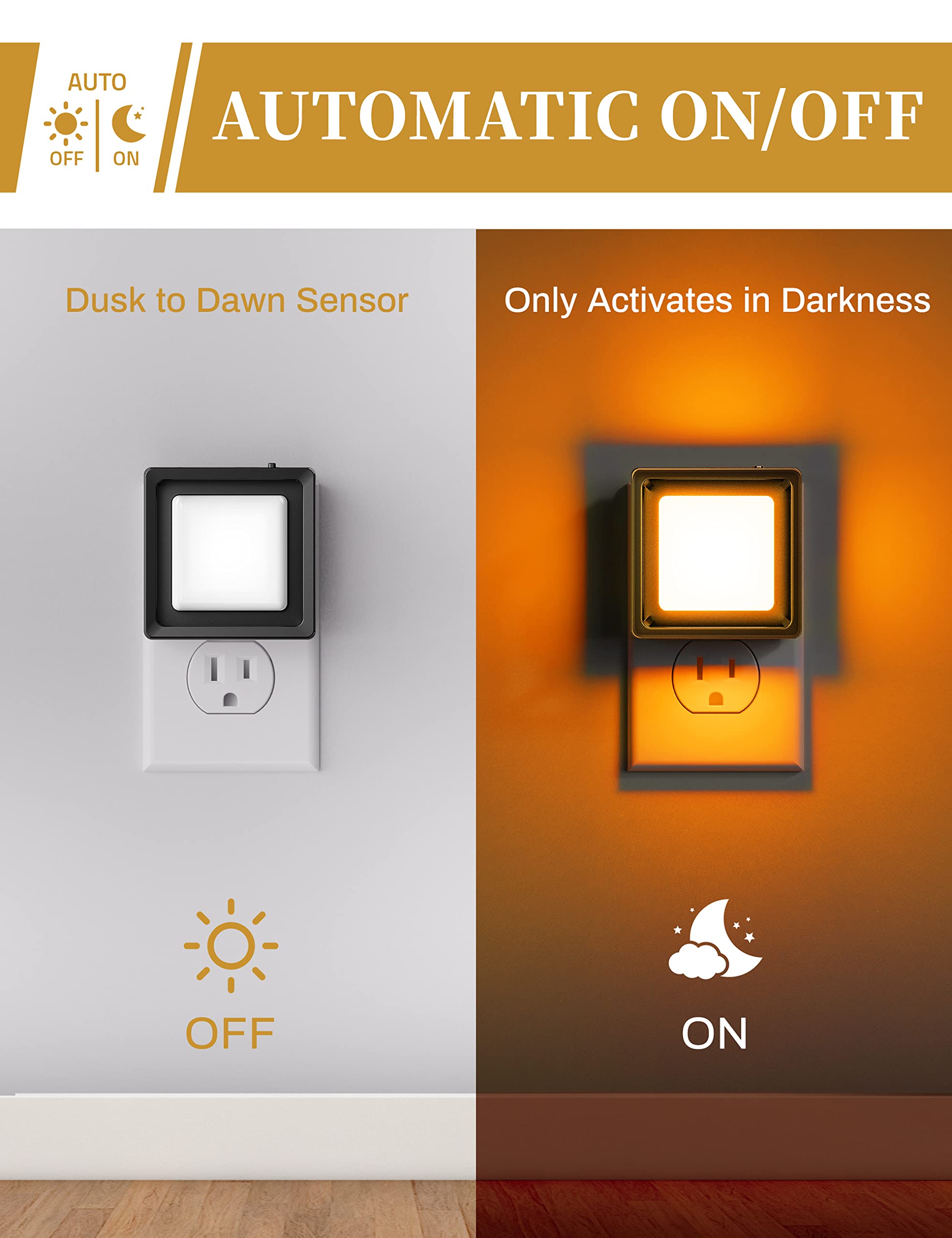 DORESshop Night Light 2 Pack, LED Dusk to Dawn Sensor, Adjustable Brightness, Orange, Plastic