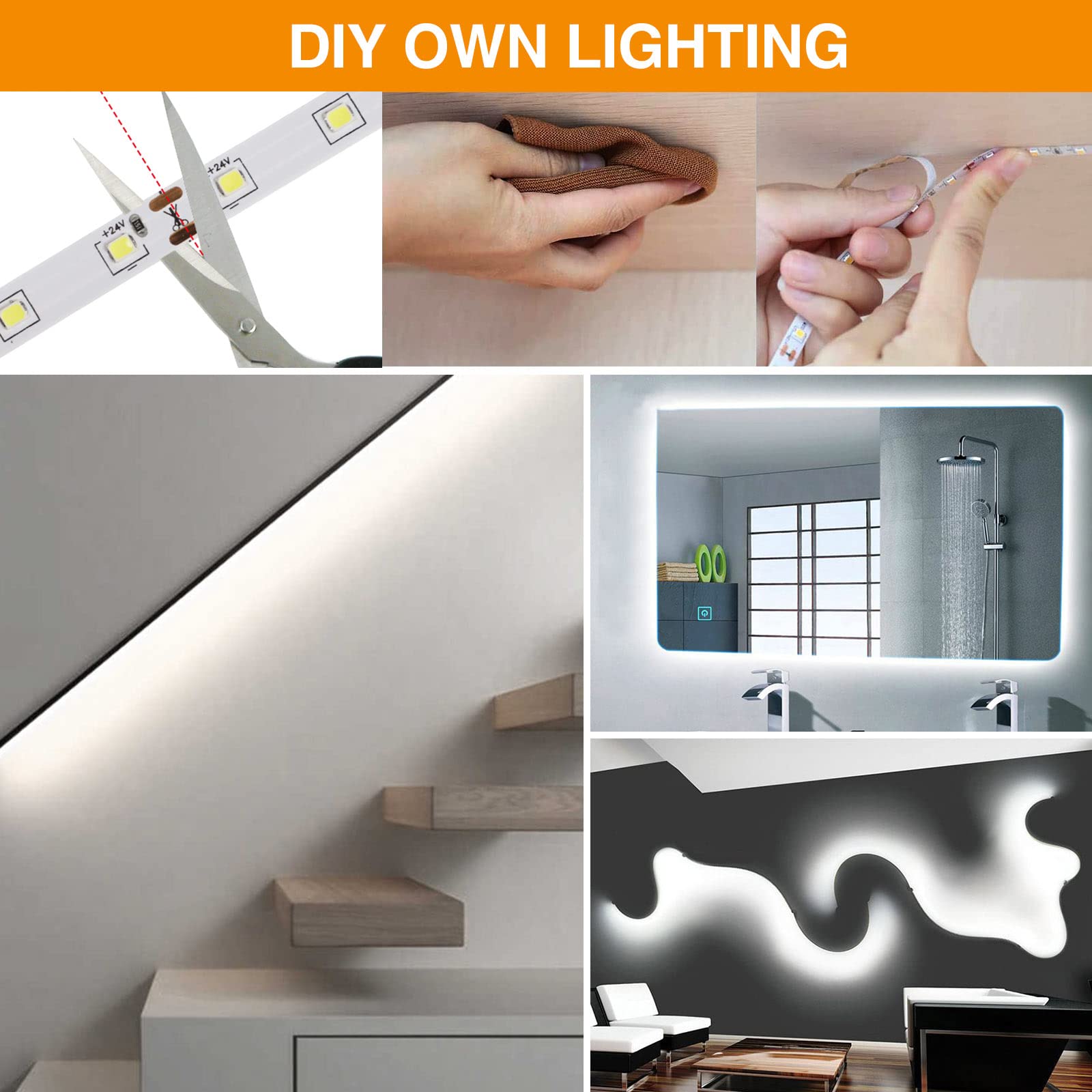 CT CAPETRONIX 32.8FT White LED Strip Light, 24V Daylight 6000K, Copper Material, Super Bright Tape Light for Indoor Use