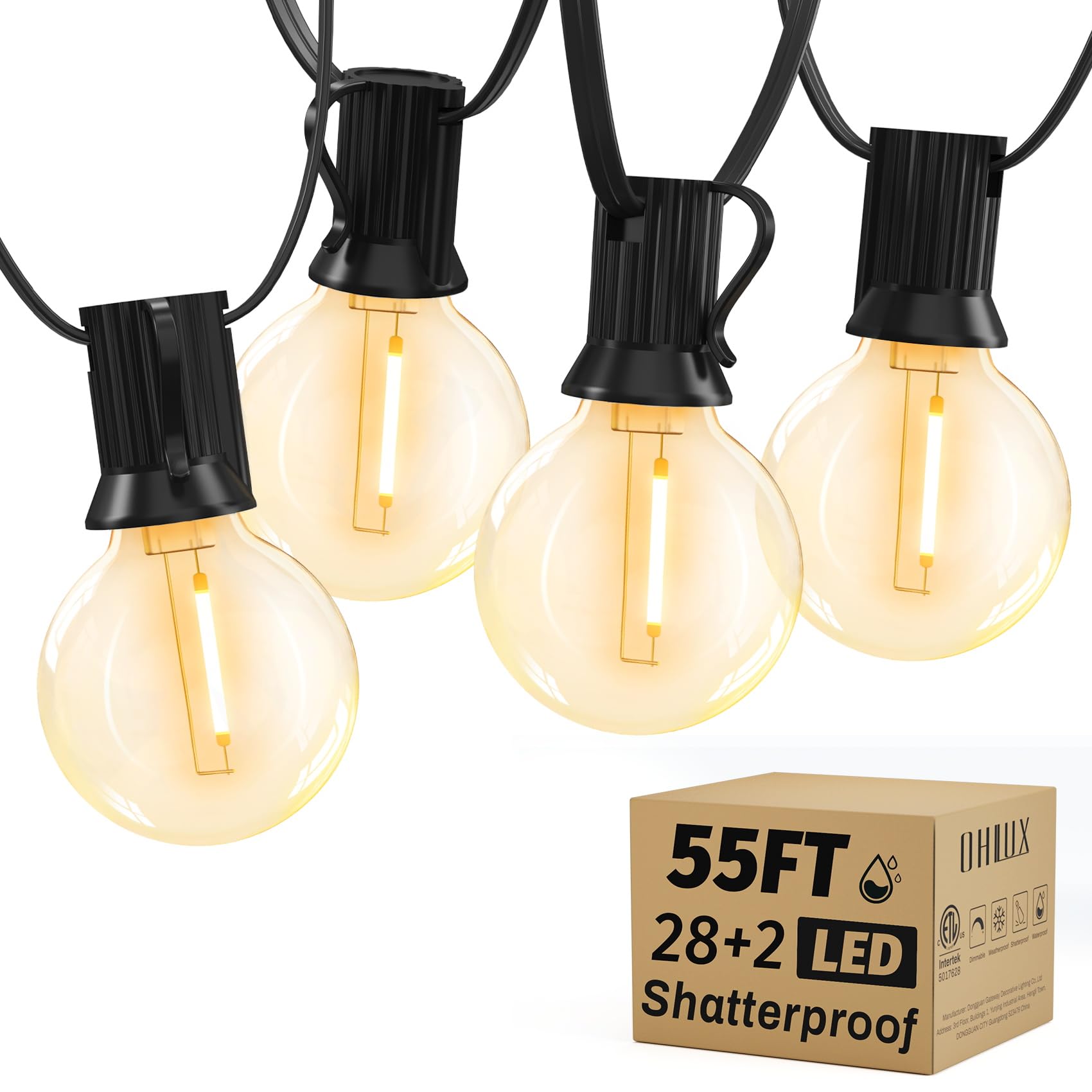 OHLUX Outdoor String Lights, 55FT Shatterproof LED, 30 Dimmable G40 Bulbs, Cozy Warm Light, Model IL-E12-2005528