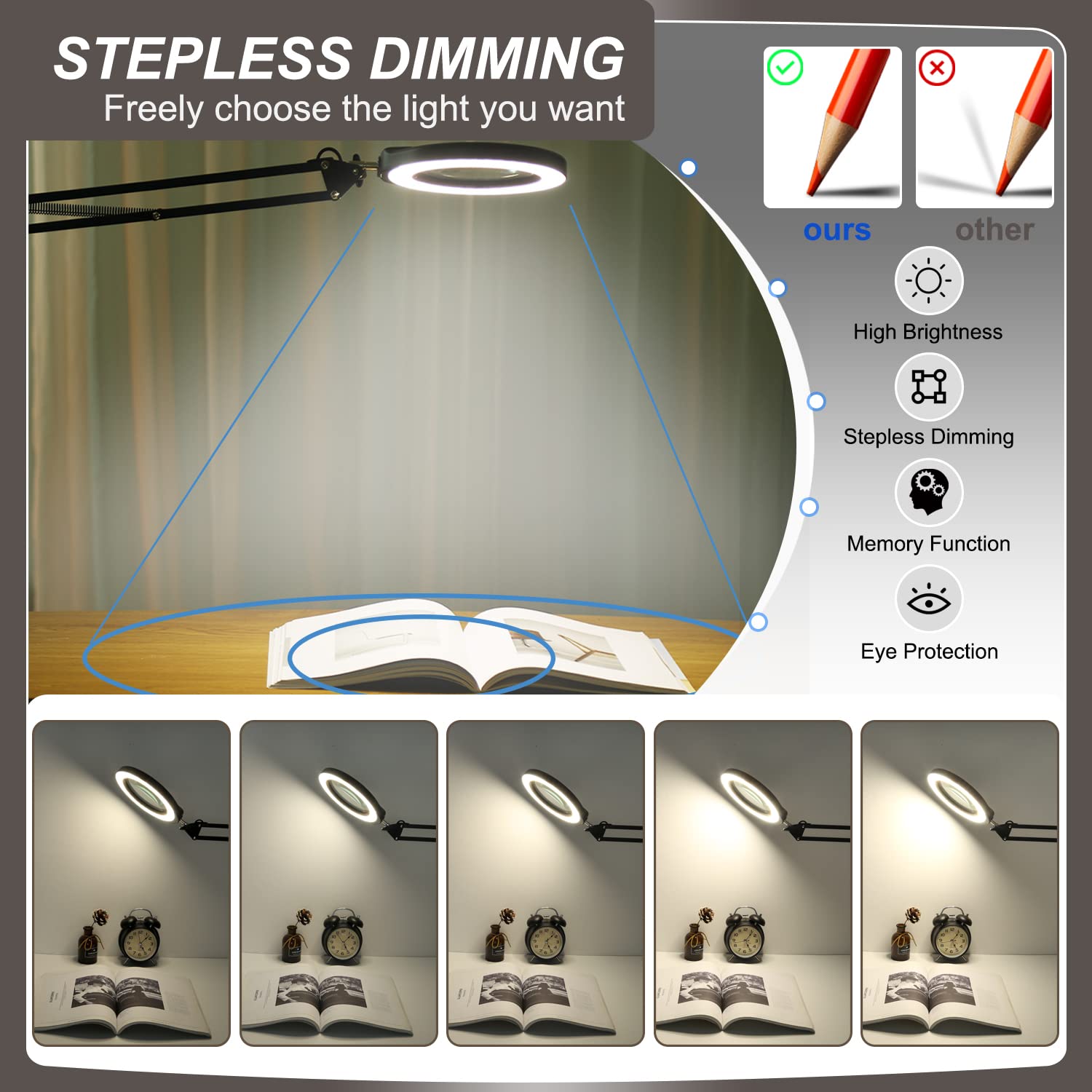 Veemagni 5 Led Magnifying Glass With Light, 8X Real Glass, Black, Model Z5-018, Stepless Dimmable, Hands-Free Clamp Desk Lamp