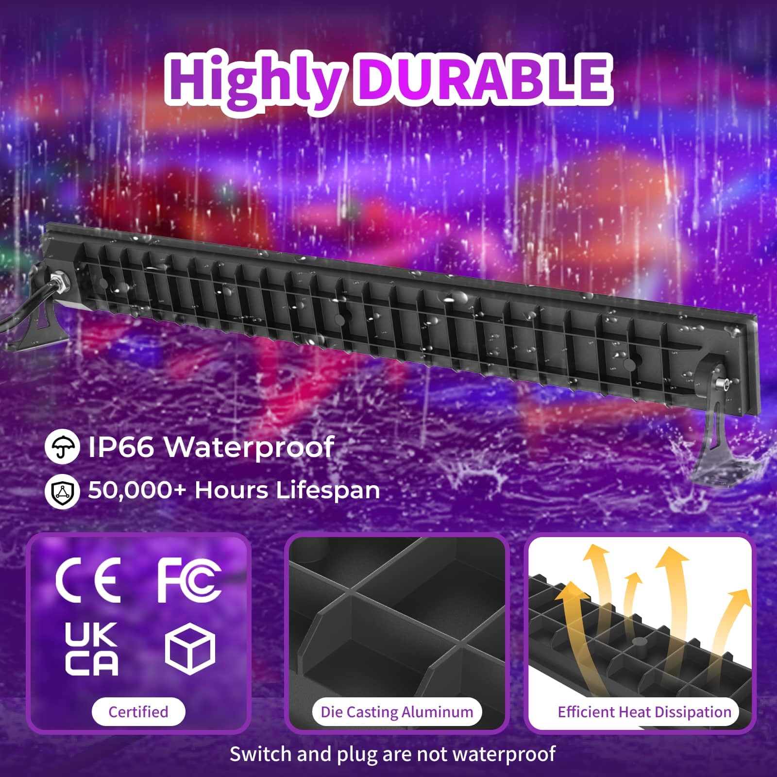 AUROHOPE 50W LED Black Light Bar, IP66 Waterproof, 385nm UV Light, Halloween & Party Decor, Model BF50, 4 Packs