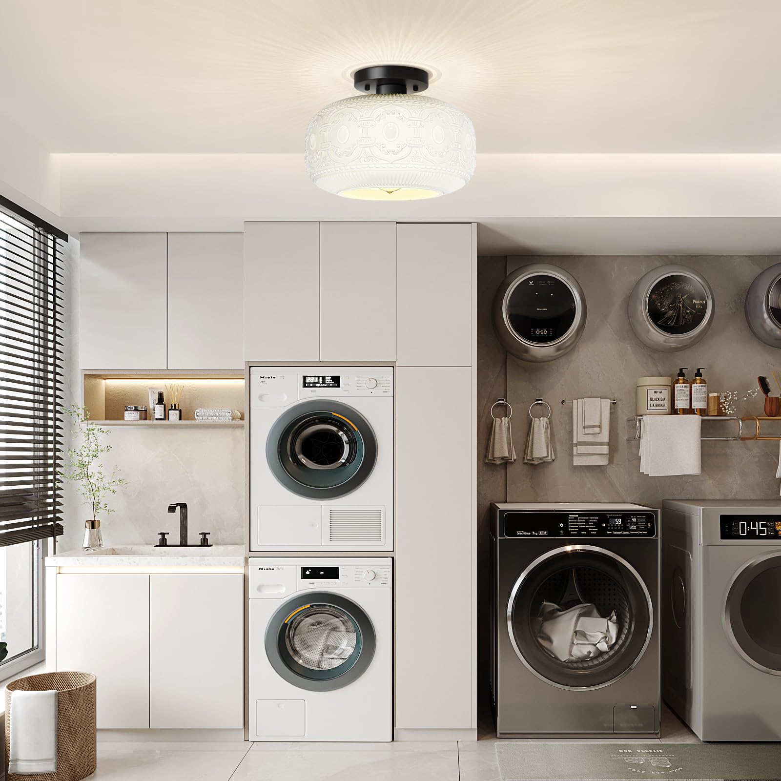 Oykyohei Vintage Semi Flush Mount Ceiling Light, White Glass Fixture For Hallway, Bedroom, Porch