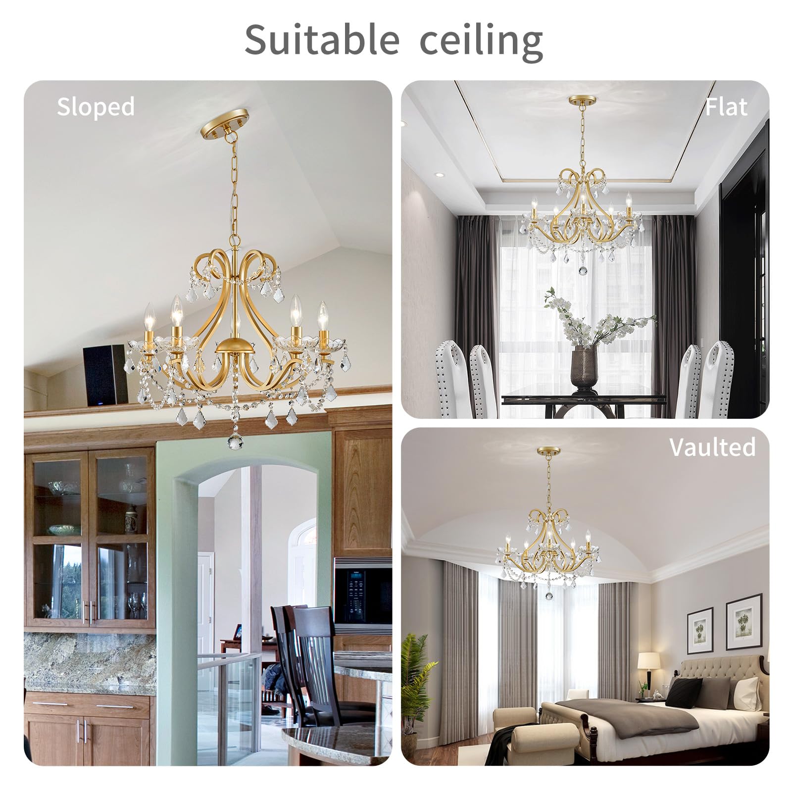 WUZUPS Crystal 5-Light Chandelier Pendant Ceiling Light, Gold, H 20.9" x W 21.7", Modern Lighting Fixture for Bedroom, Kitchen, Bathroom
