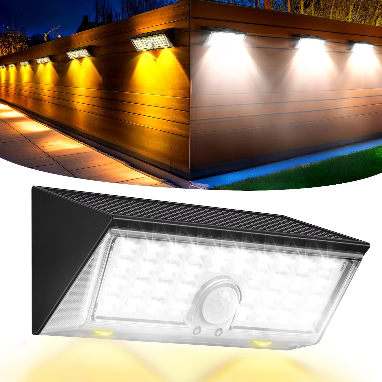 4-in-1 Solar Motion Lights Outdoor - 150 Wide Angle  4 Modes  White & Warm Light  IP67 Waterproof  Fence  Wall  Step & Deck Light for Yard  Garden  Pathway