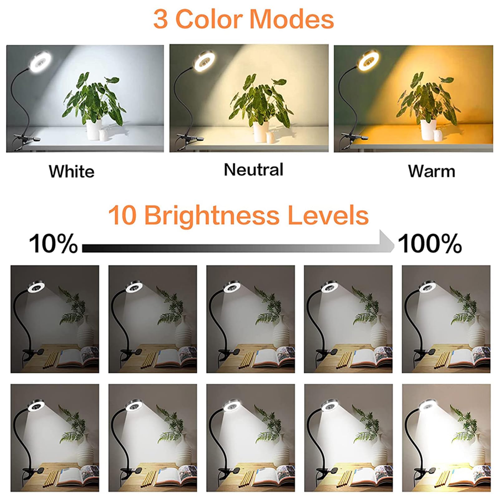 Brokimis Led Clip-On Light, 3 Color Modes, 10 Brightness, Eye Protection, Flexible Gooseneck, Black