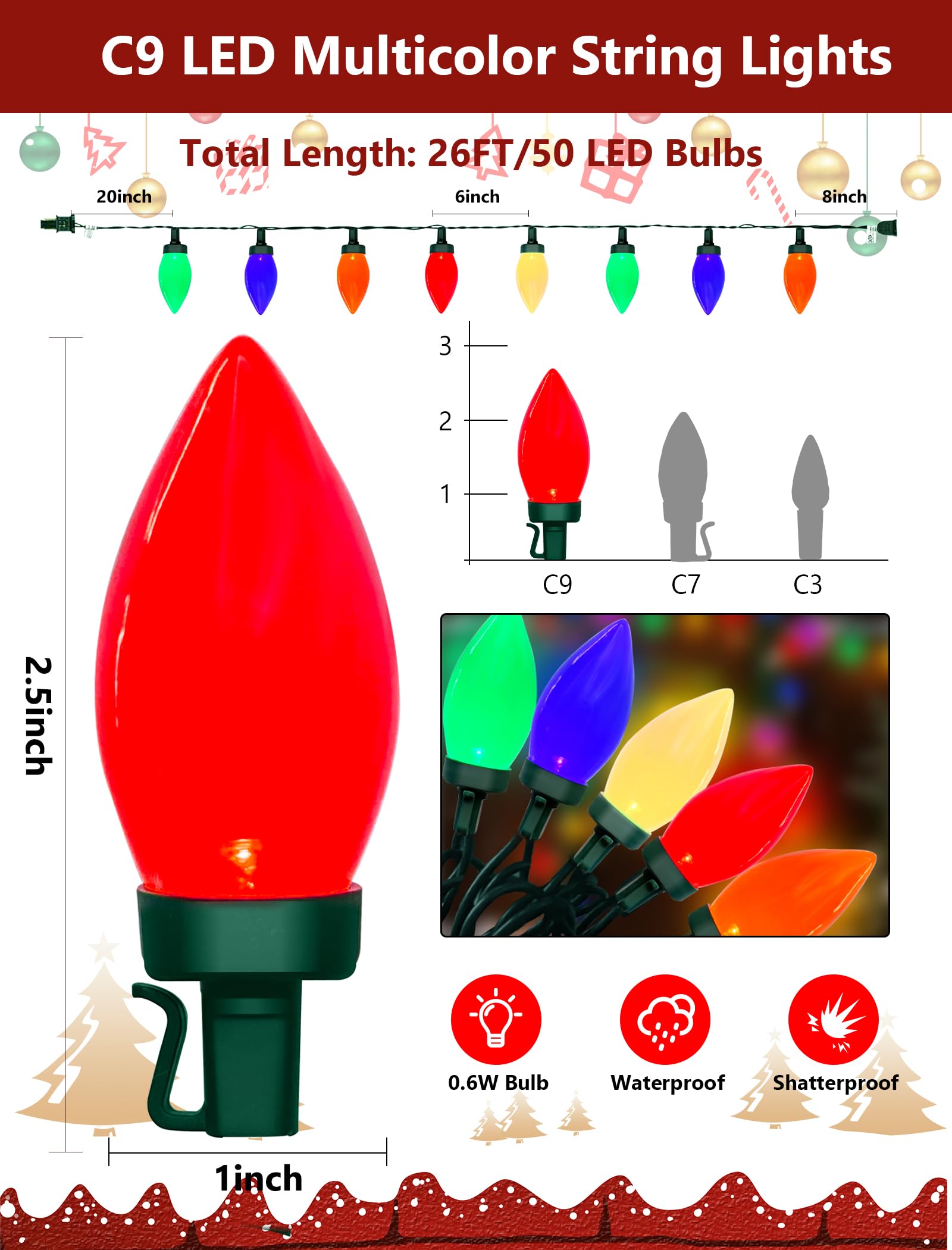 GOOTHY 26FT C9 Christmas String Lights, 50 LED Multicolor Opaque Bulbs, Waterproof Outdoor Holiday Decorations