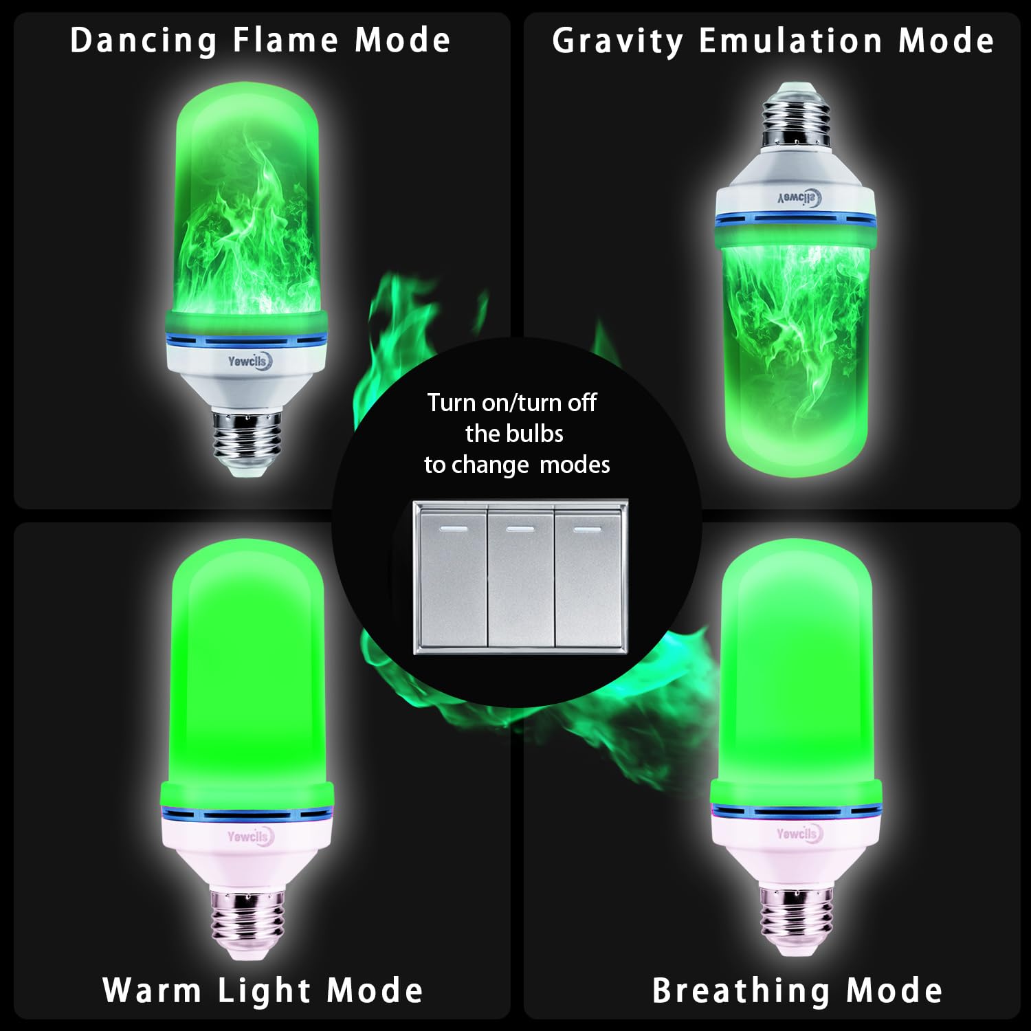 Yewclls Led Flame Effect Light Bulb, 4 Modes E26 Base Fire Light Bulbs With Gravity Sensor (Green - 2 Pack)