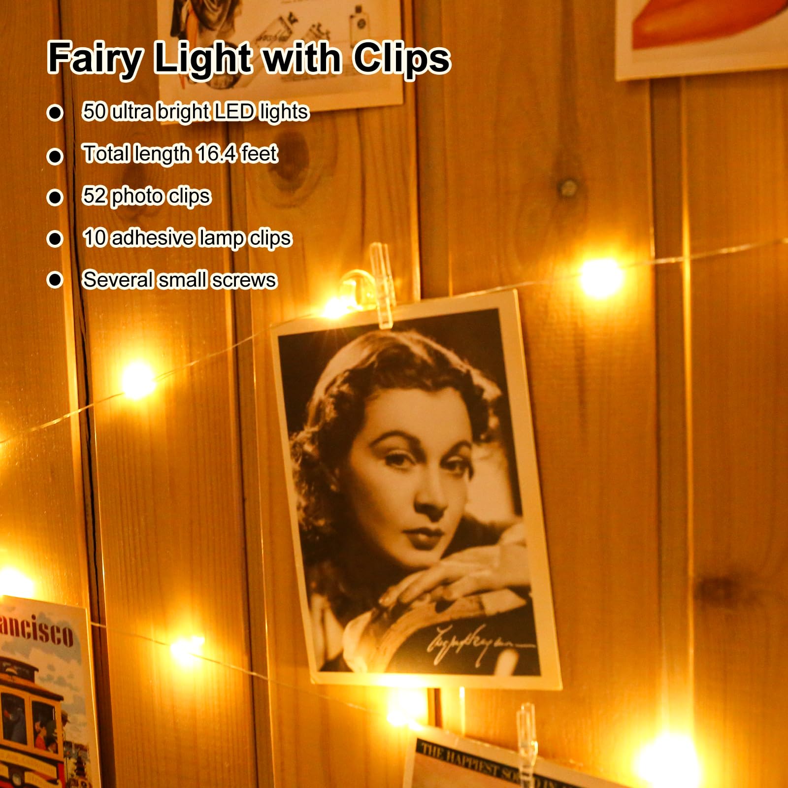 Hxweiye 50Leds Battery Powered Fairy Lights, Warm White, 16.4Ft With 52 Clips & 10 Hooks For Pictures, Model Hy100150-120