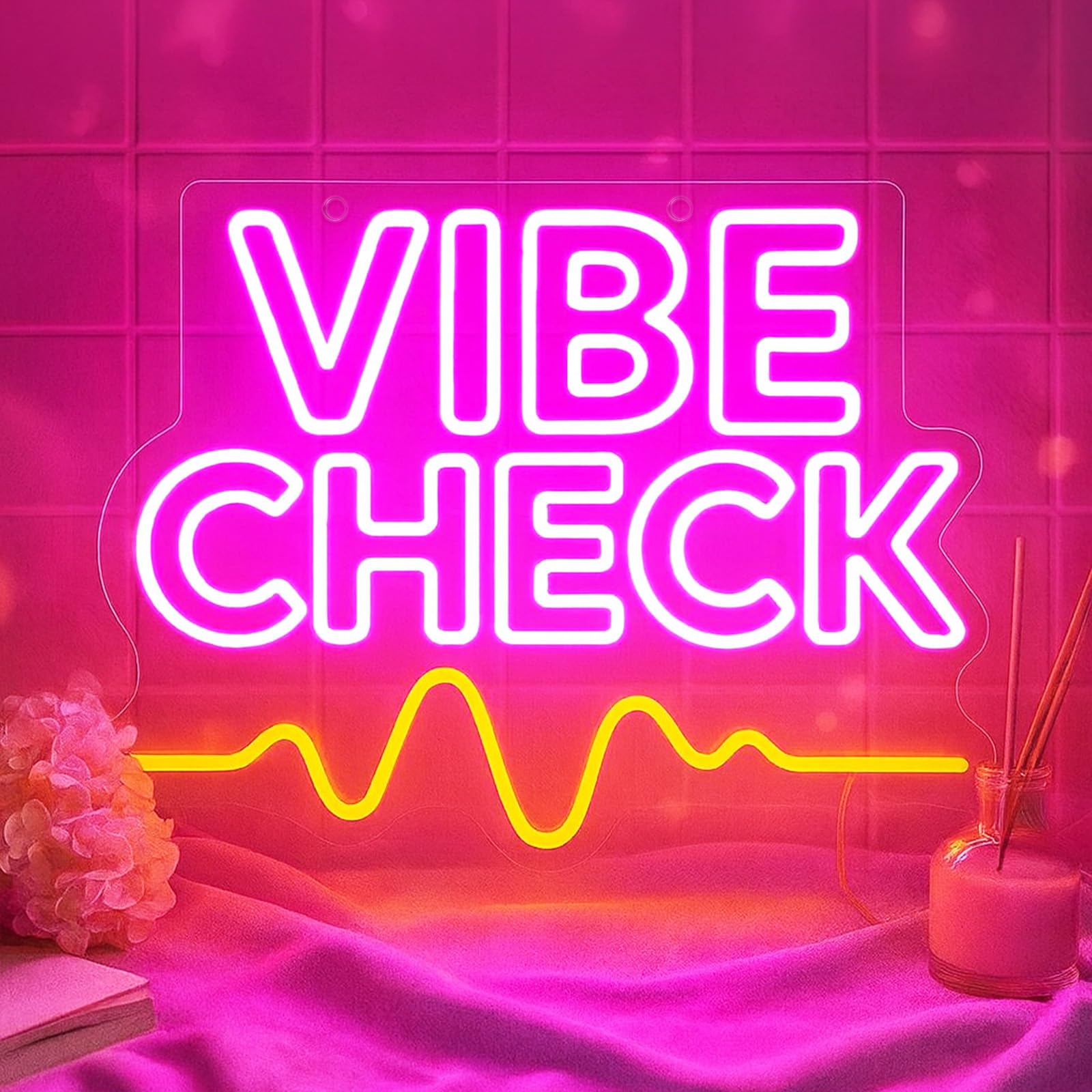 Vibe Check Neon Sign for Wall Decor USB Powered Dimmable LED Pink Word Light Up Sign for Girls Bedroom Game Room Dorm Bar Club C