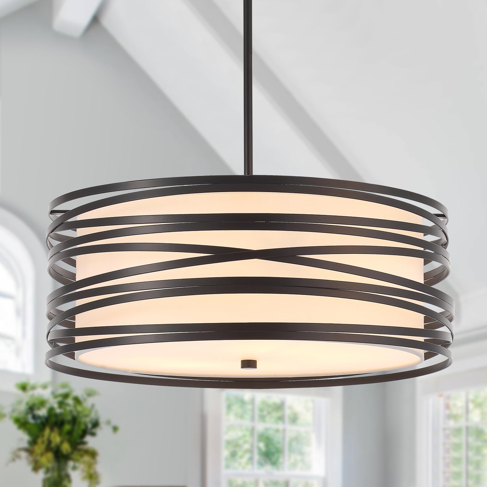 YOMECOO 19.7 Drum Chandelier Light Fixture Vintage Modern 5-Lights Black Chandelier with Linen Lampshade Farmhouse Rustic Drum C