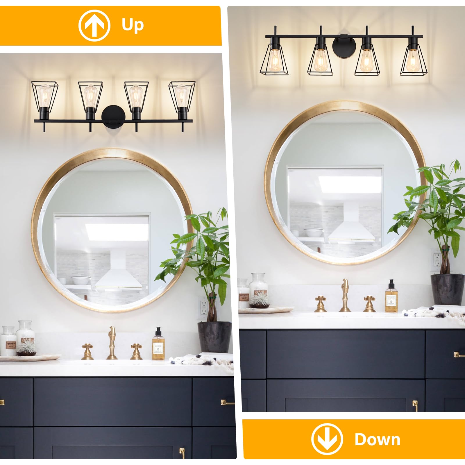 Fonmyim Farmhouse Bathroom Vanity Light Fixtures Over Mirror, Matte Black 4-Light Wall Sconce With Metal Cage, E26 Socket (Bulbs