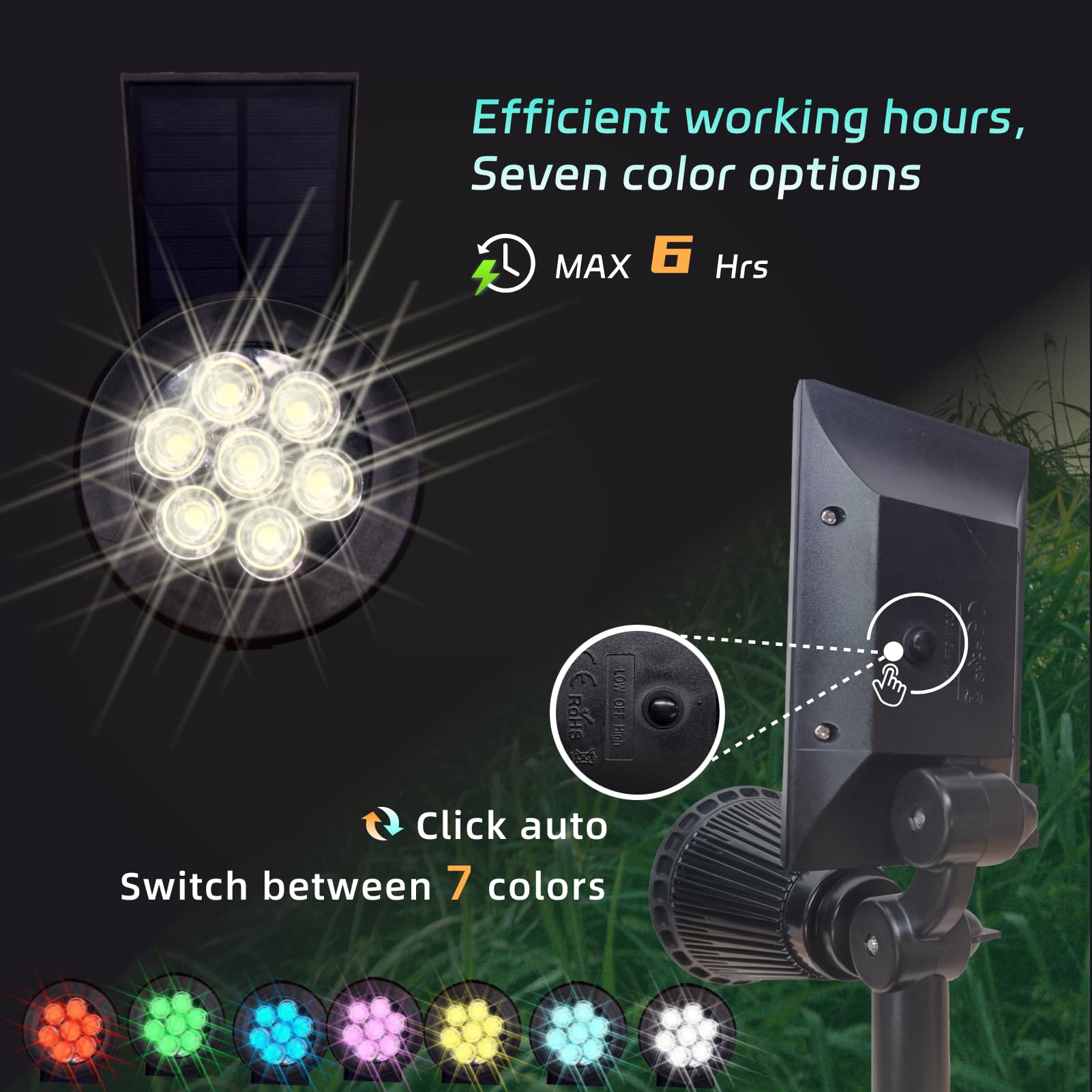 Sunklly Solar Spot Lights - Color Changing, 8 Modes, 2-in-1, Waterproof, 4 Pack, Multicolor, High-impact ABS Plastic