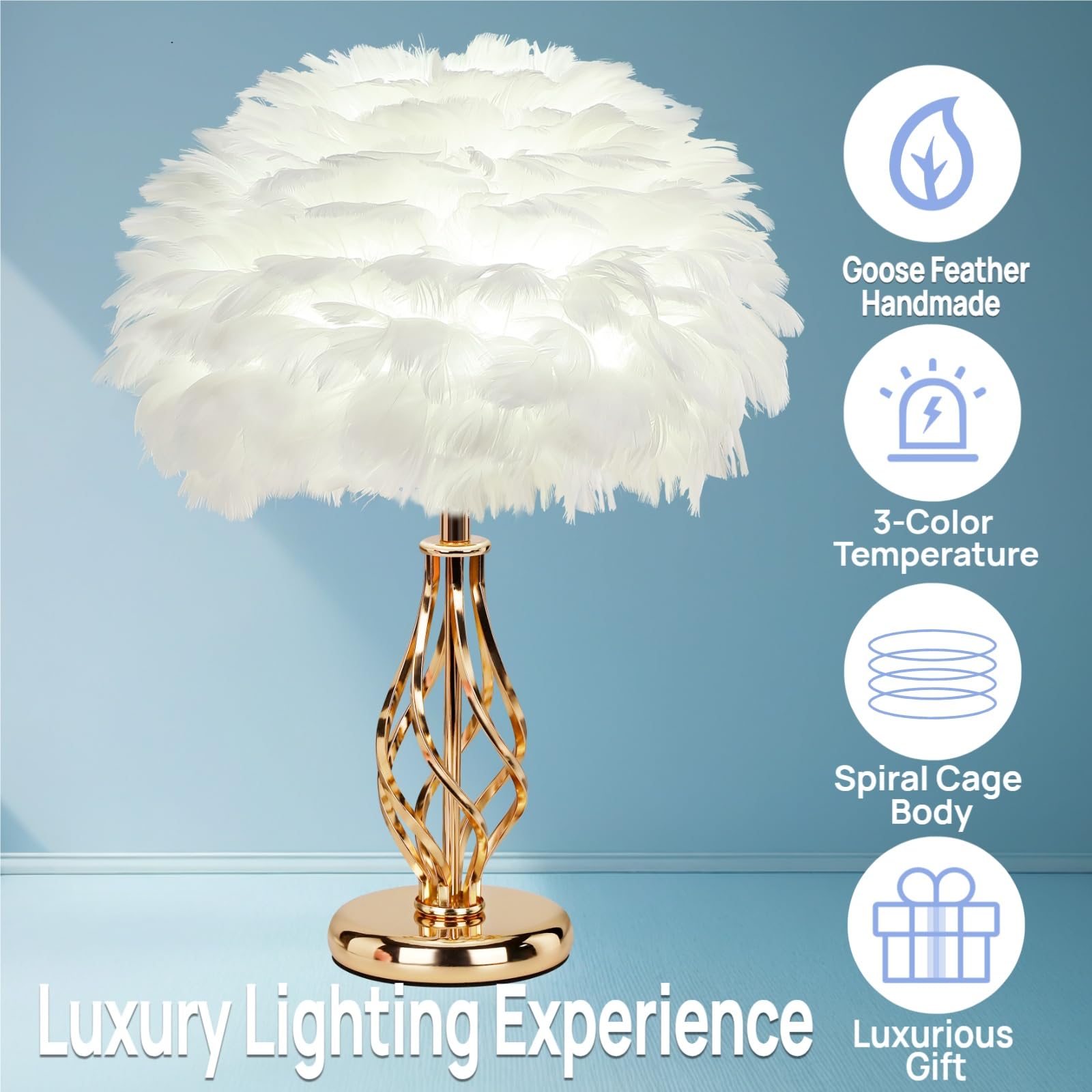 LINCWONZ Feather Table Lamp - Unique Golden Spiral Cage Base, 3-Color Temperature, 13.8in x 13.8in x 18in, White