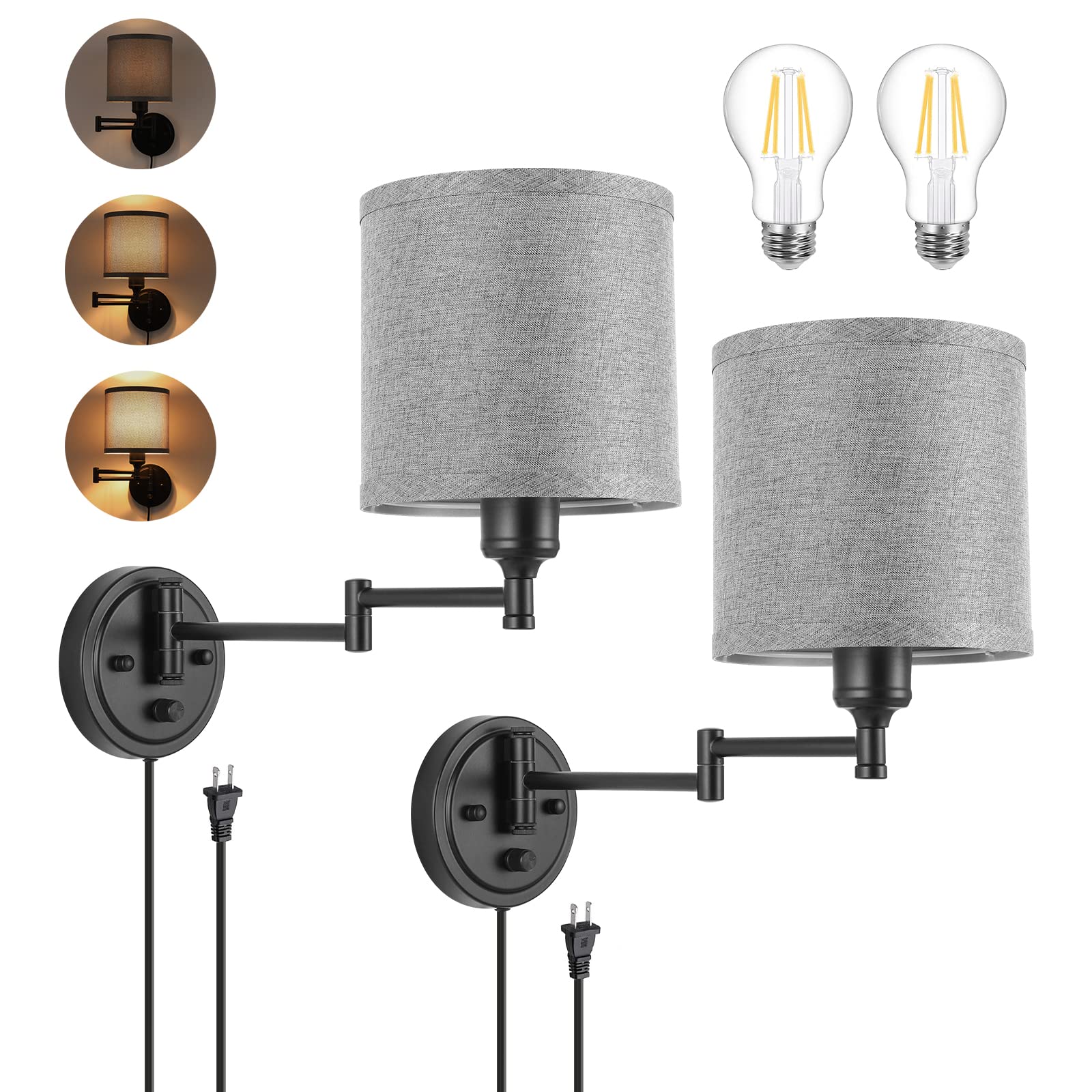 GOODATE ENCOMLI Dimmable Plug in Wall Sconces  Swing Arm Wall Lamp with Plug in Cord  Wall Sconces Set of Two  Plug in Wall Light  Grey Fabric Shade  2pcs Bulbs Included
