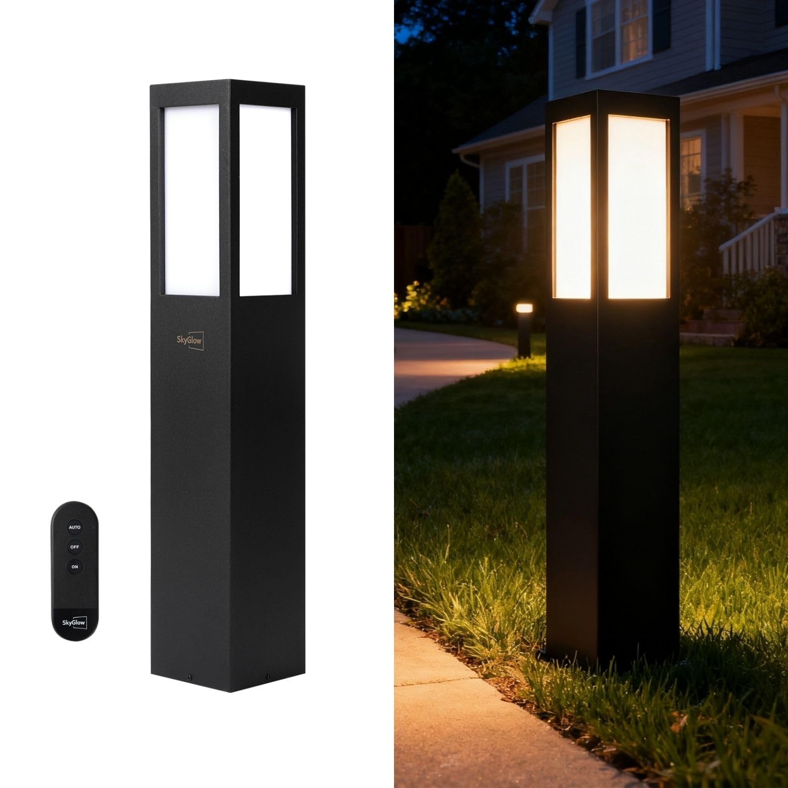 SkyGlow 32 Solar Bollard Light  Stainless Steel LED IP55 Outdoor Waterproof Curb Appeal Modern Landscape Path Lights for Garden  Pathway  Lawn  Patio  Courtyard and Driveway Decoration