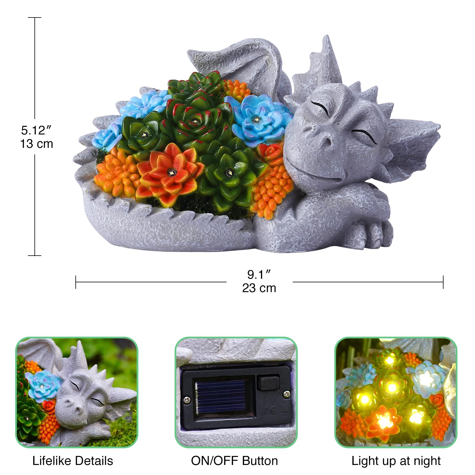 Tiejiajiang Solar Dragon Statue - Gray Resin Garden Decor With Succulent Lights, 9.1Inch