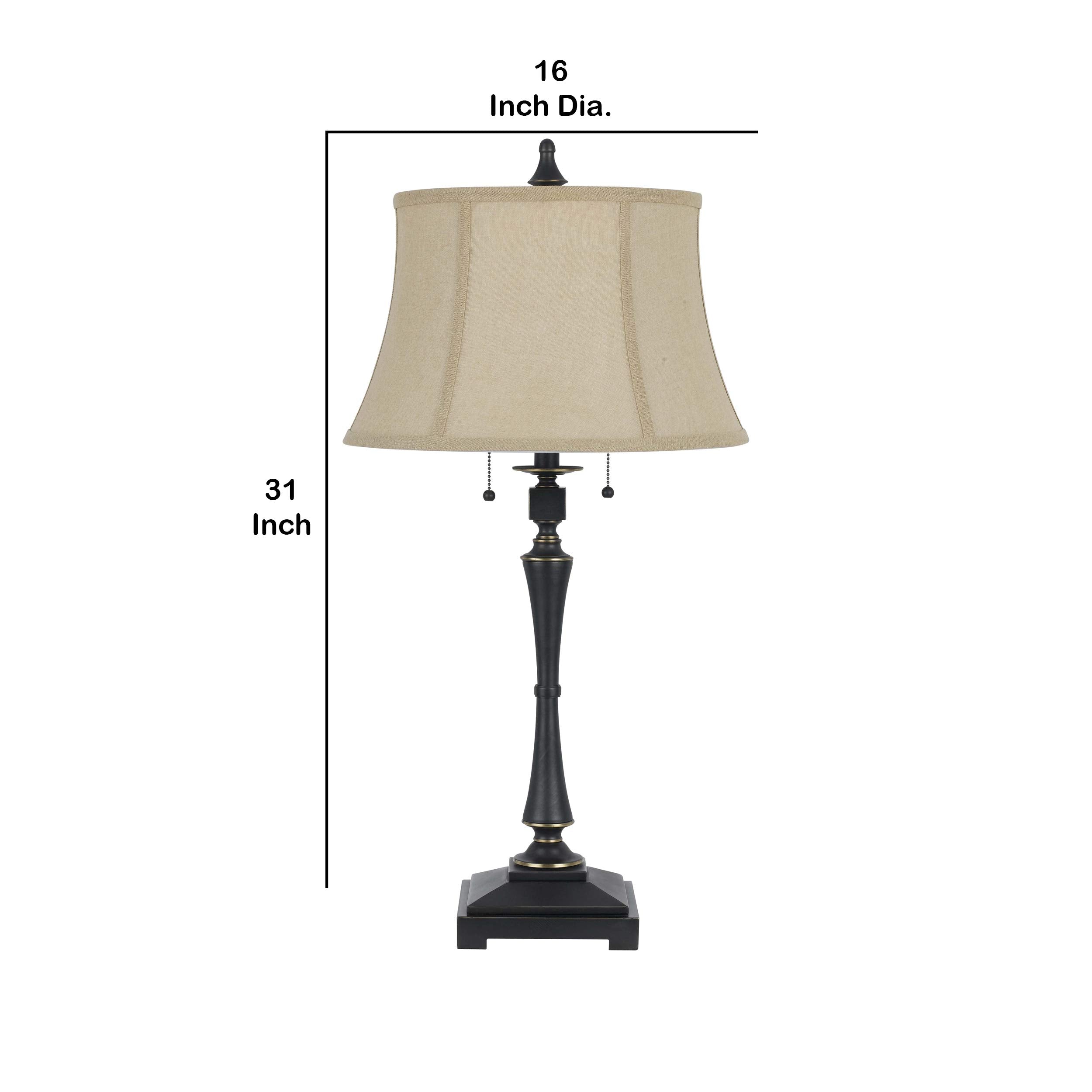 Benjara Metal Body Table Lamp With Fabric Tapered Bell Shade, Beige And Black