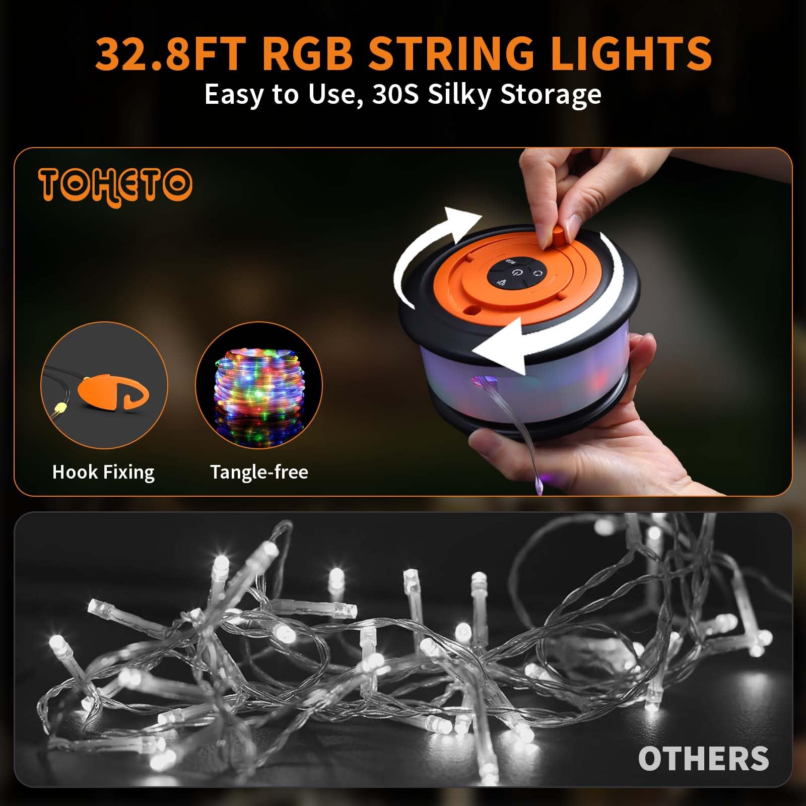 TOHETO Camping String Lights, 3 in 1 RGB Lantern, 19 Lighting Modes, 32.8 FT, Rechargeable, Black&Orange, Model JSK-L26