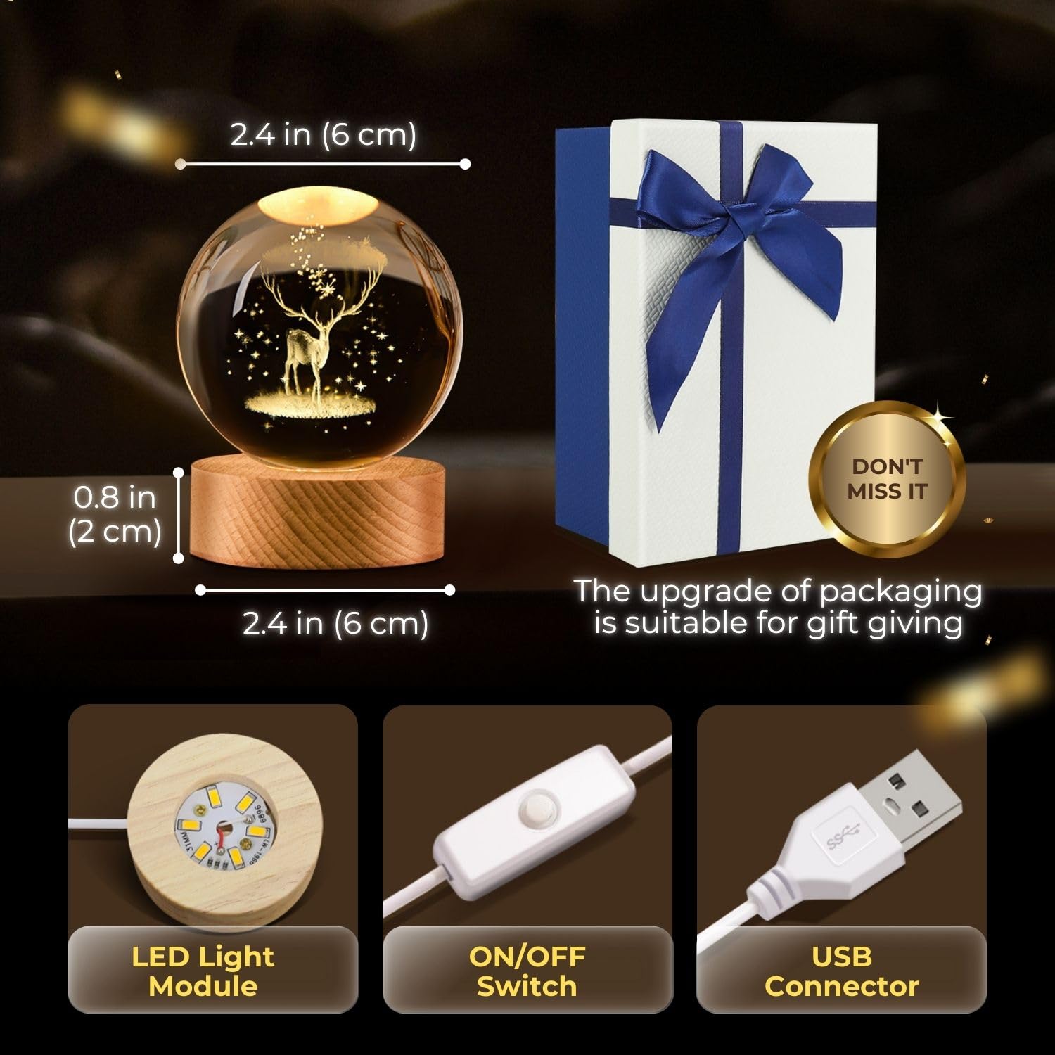 Flexzion 3D Elk Crystal Ball Night Light - Led Light Hologram Glass Lamp With Solid Wood Base, Usb Powered Crystal Ball Lamp Wit