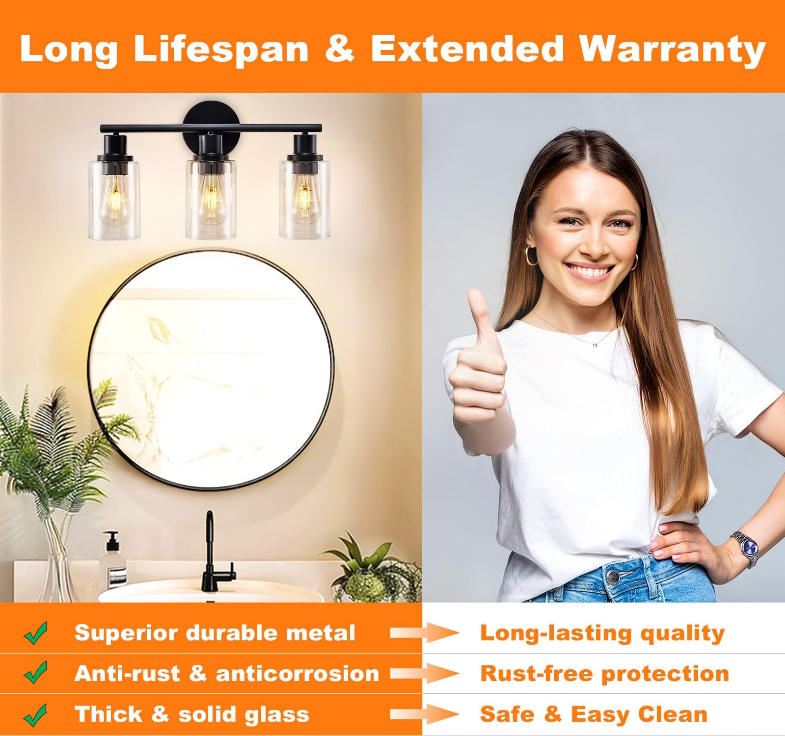 DINGLILIGHTING 3-Light Bathroom Vanity Light Fixture - Matte Black Glass Shade Wall Lamp for Mirror, Kitchen, Living Room, Hallway